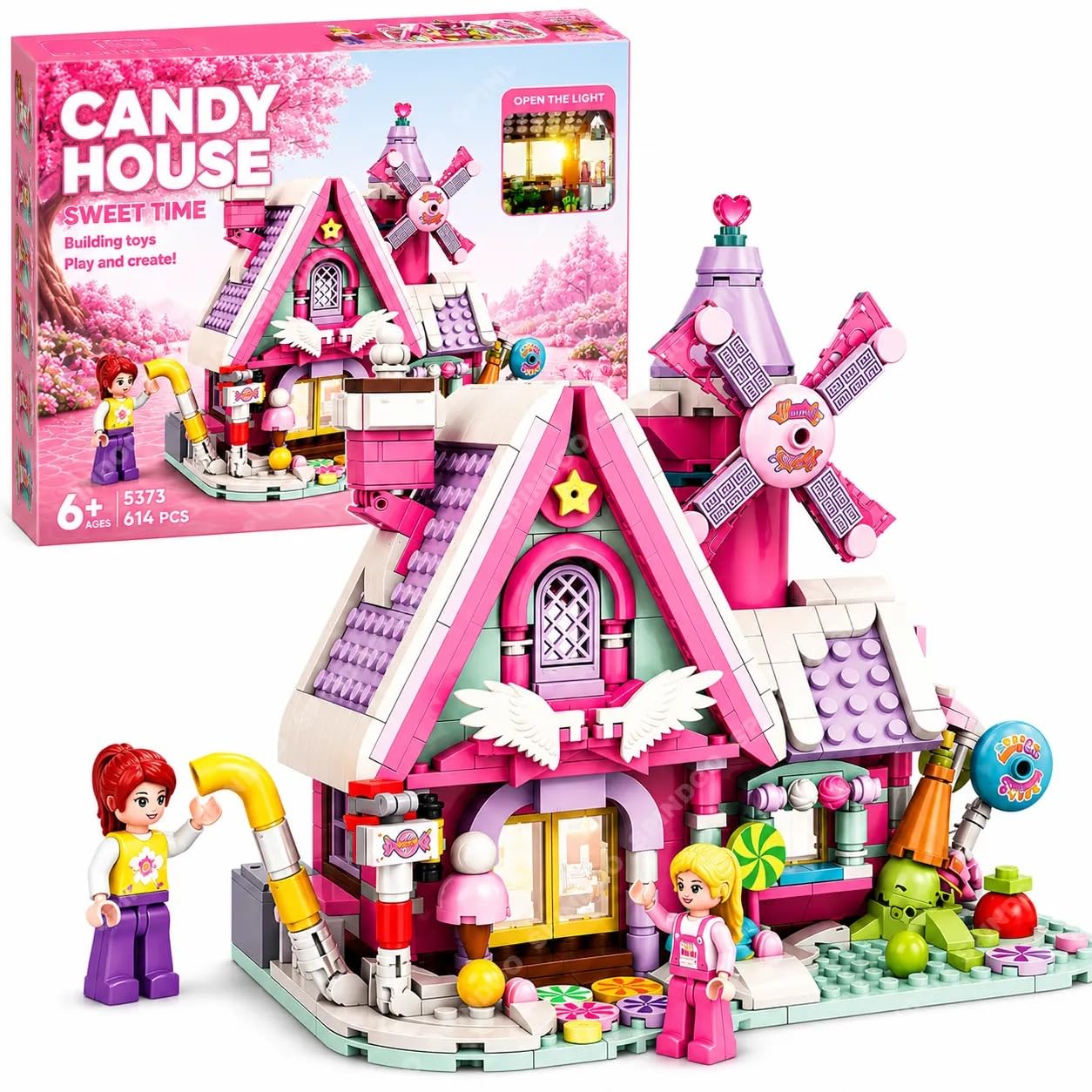 Spindoo Pink Candy House Building Block Set with Windmill, 614+