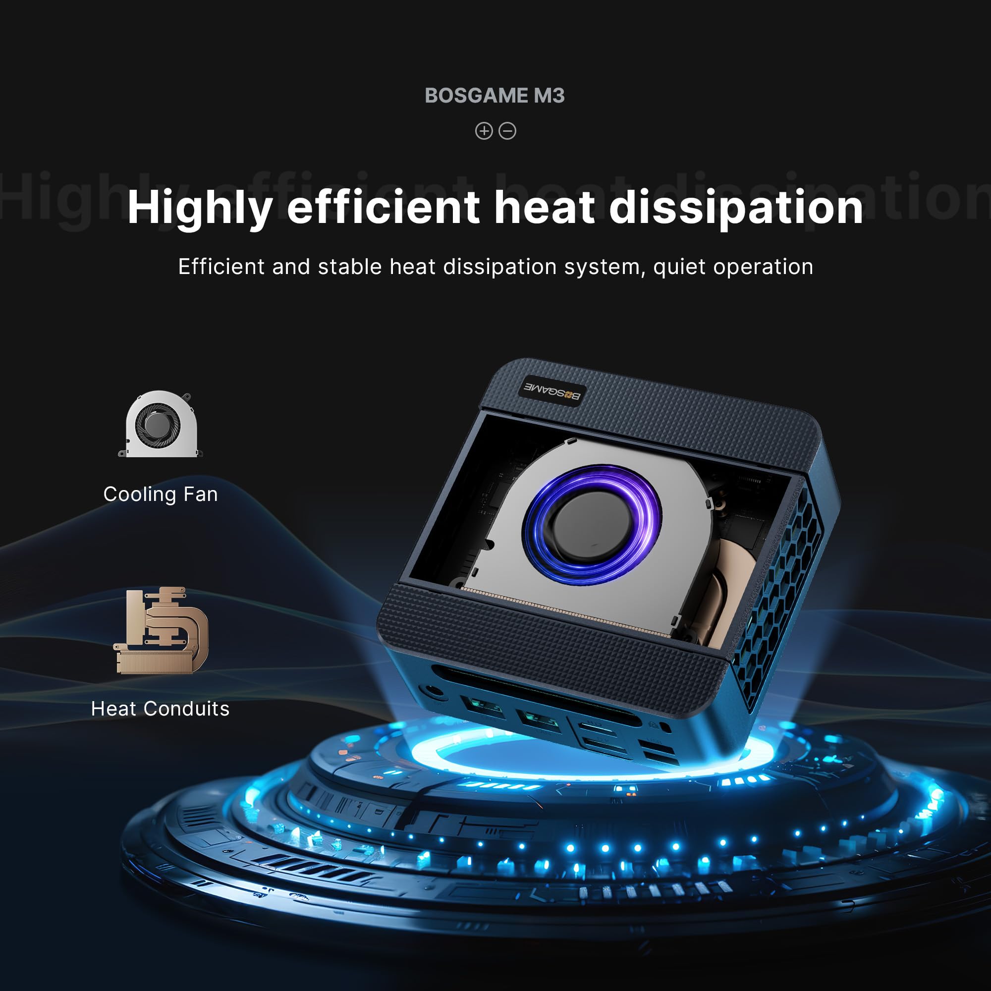 BOSGAME M3 AI Mini PC efficient heat dissipation system with cooling fan and heat conduits.