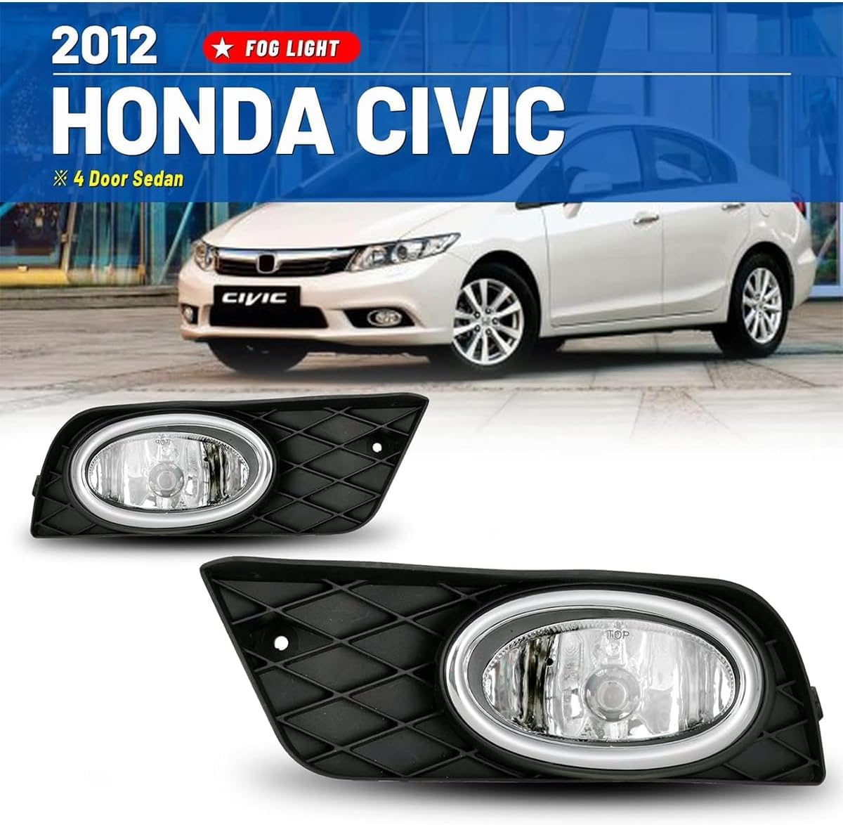 ROXX Fog Lights for 2012 Civic 4 Door Sedan Fog Lamp Assembly Replacement with Bulb Clear Lens, Passenger and Driver Side
