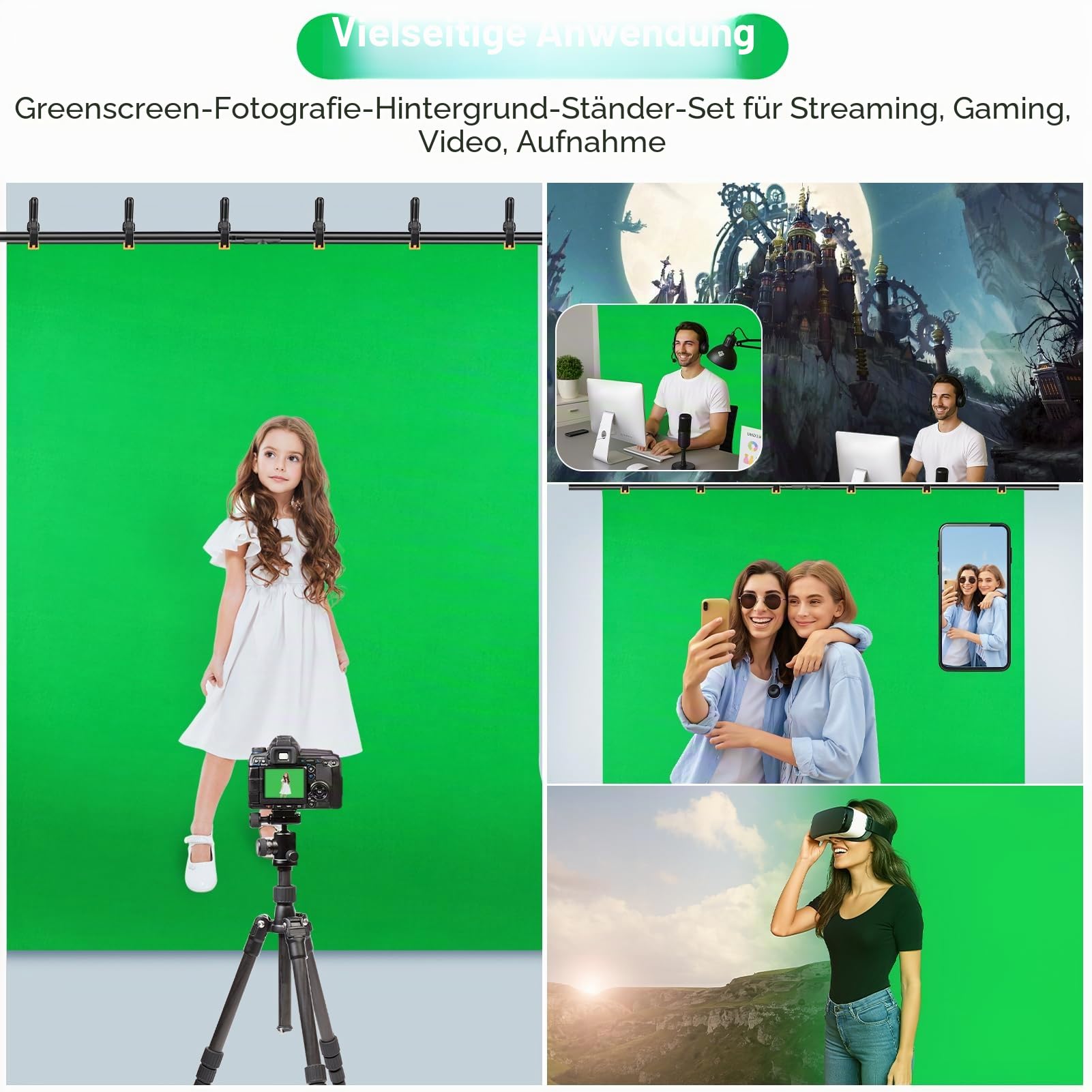 EMART Greenscreen mit Ständer, 2 x 2 m Hintergrund Ständer mit 1,5 x 2 m Green Screen für Foto Video Studio, TV Videos, Streaming Spiele, Live Übertragung, Chroma-Key