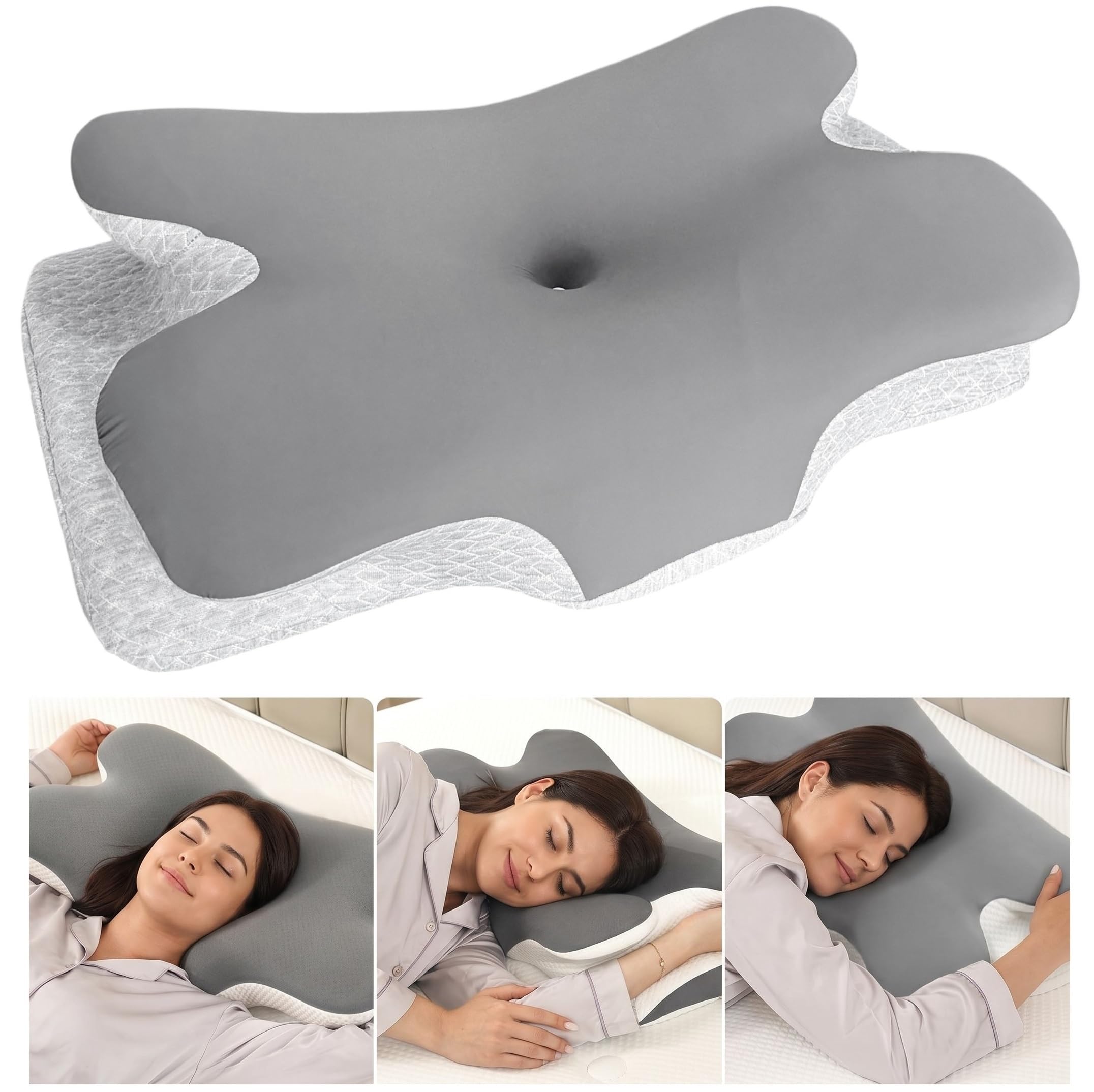 Almohada Cervical Espuma Viscoelástica Ergonómica, 67x36x10/12 cm | Diseño Mariposa, Para Dormir de Lado, Boca Arriba y Boca Abajo, OEKO TEX, Con Cremallera