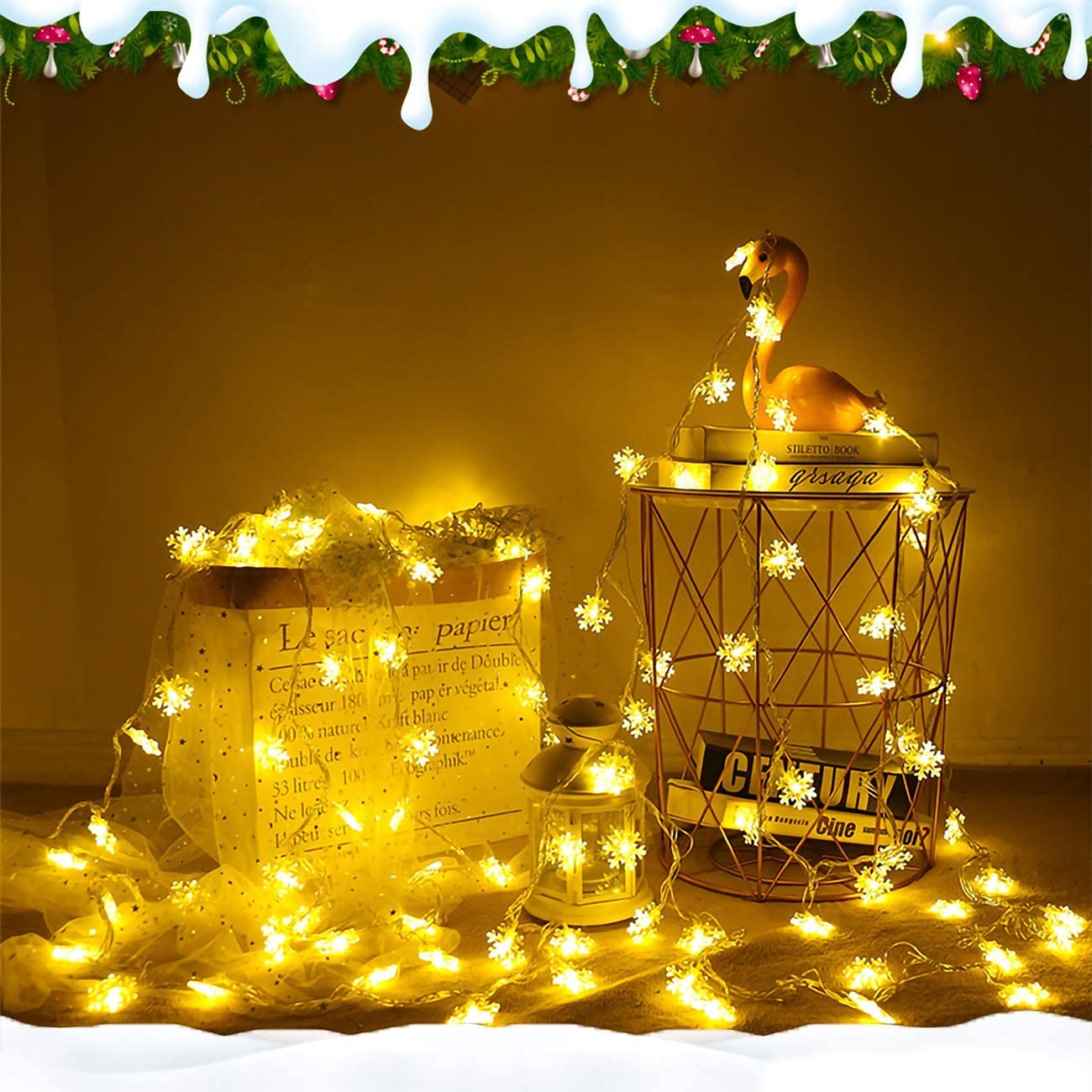 Cadena de luces de copo de nieve, 6 m, 40 piezas, cadena de luces LED de Navidad, dos patrones, fuente de alimentación de batería USB monocromática, fiesta de cumpleaños de boda de Navidad (USB)
