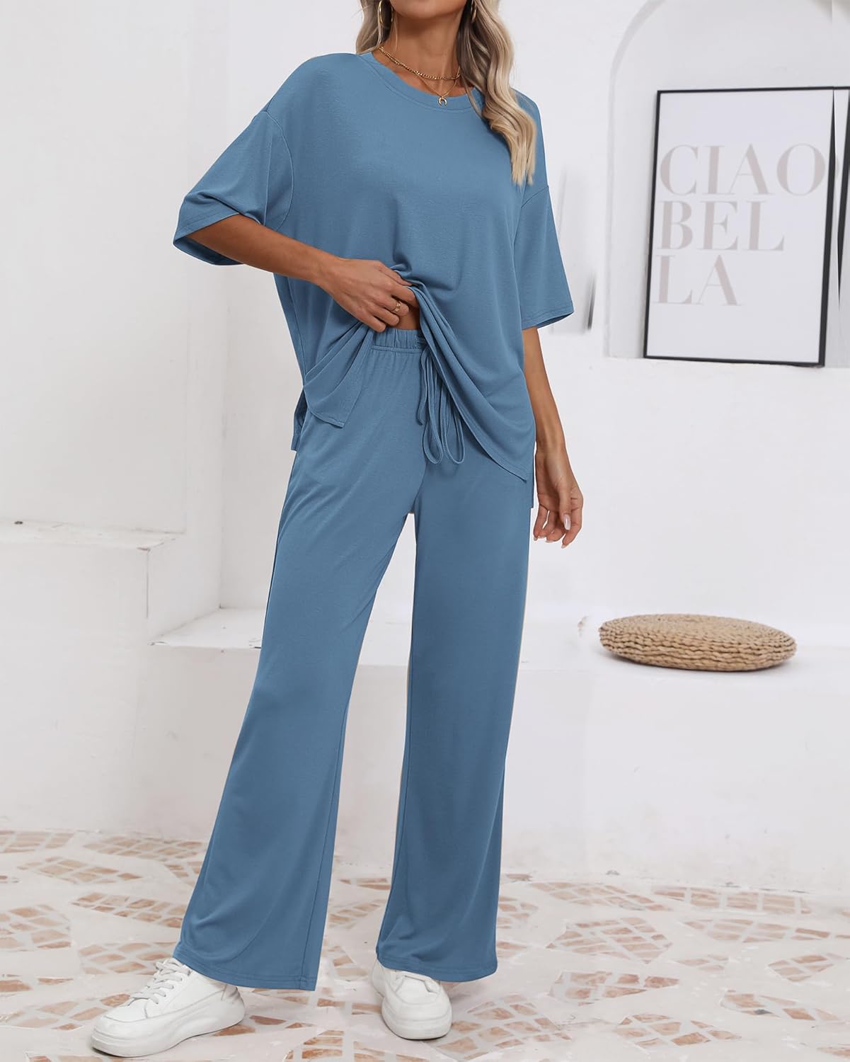 Womens Lounge Set 2026 Summer 2 Piece Outfits Oversized Short Sleeve Tops & Wide Leg Pant Matching Sets Clothing - Image 5