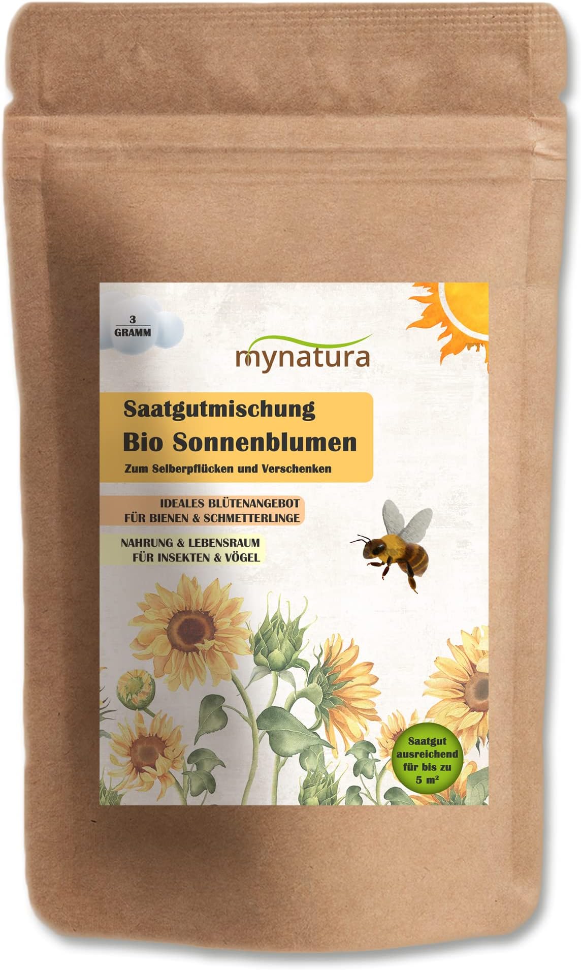 mynaturaOrganic Sunflower Seed Mix Seeds | Sowing | Plants | Flowers | Balcony | Garden | Patio | Flower Bed | Blossom | Species Protection | Bee Friend (1 x 3 g)