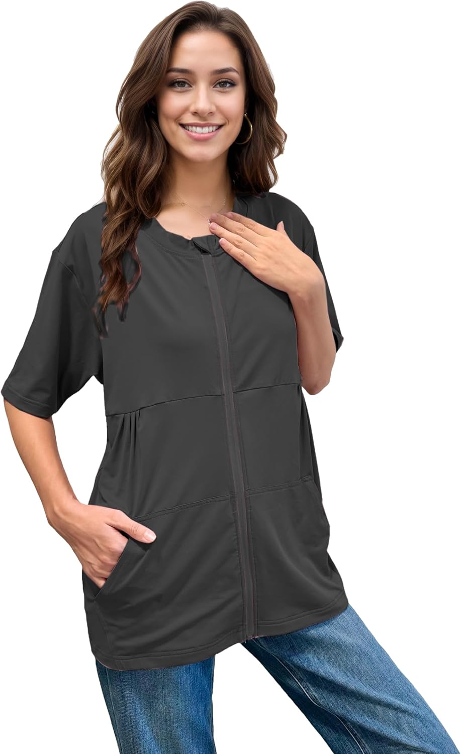 Youdiao Mastectomy Shirts with Drain Pockets Post-Surgery Must Haves Soft Full Front Zip-Up Short Sleeve Recovery Tops - Image 2