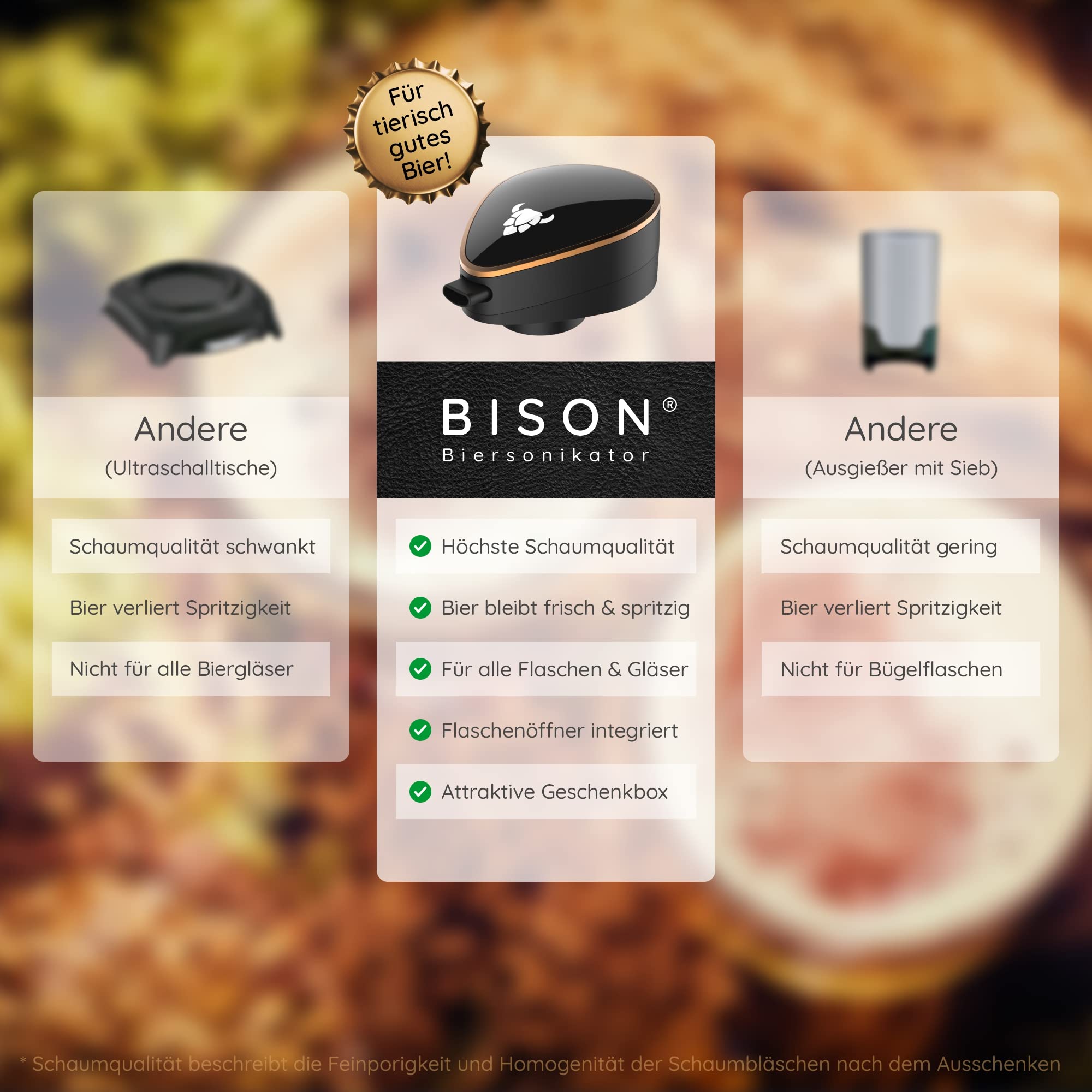 BISON Biersonikator Ultraschall Flaschenaufsatz für Bier wie frisch gezapft | Höchster Biergenuss für zu Hause, Geschenk für Männer, Eingebauter Flaschenöffner