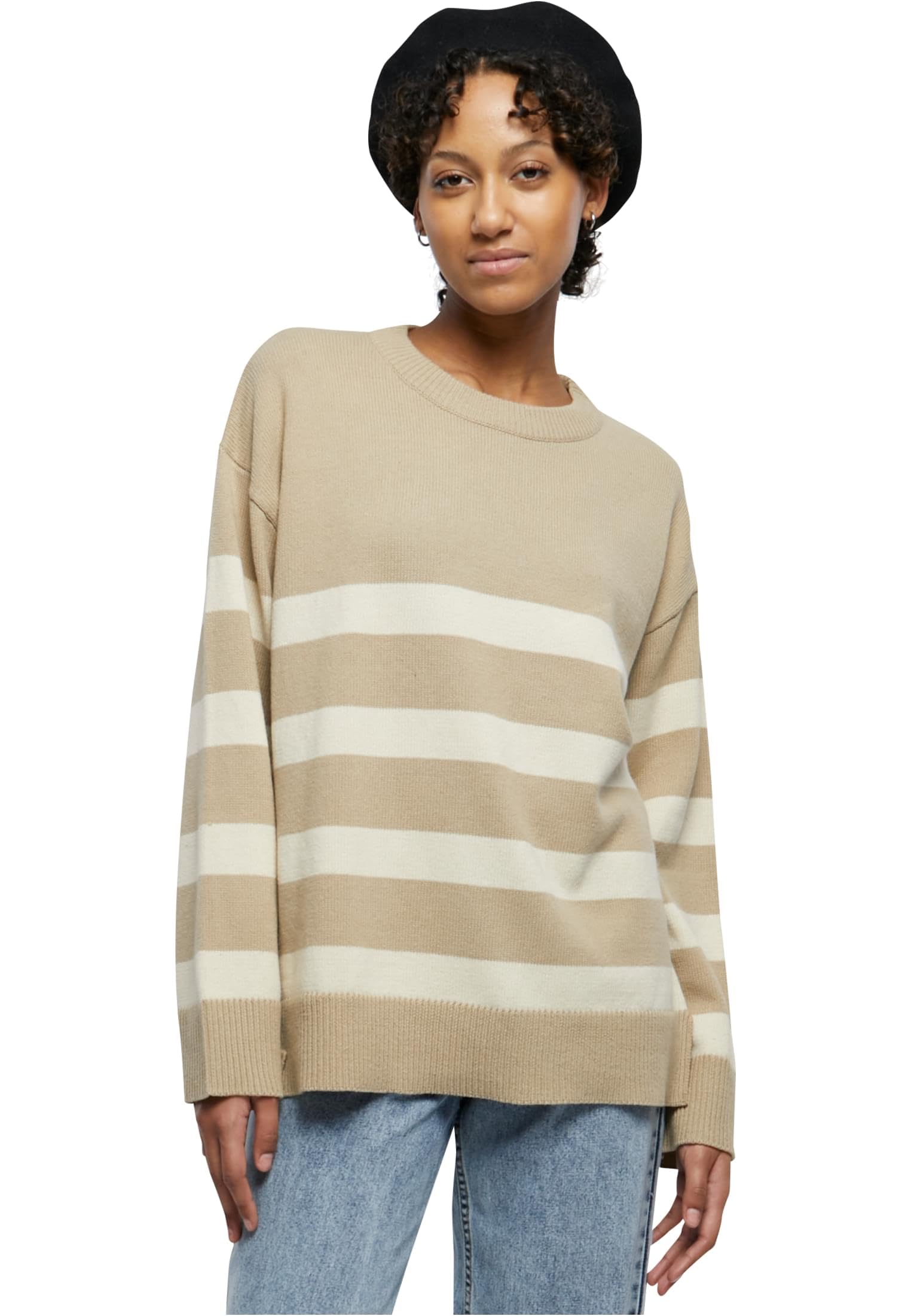 Urban Classics Women's Ladies Striped Knit Crew Sweater Sweatshirt, Wetsand/sand,