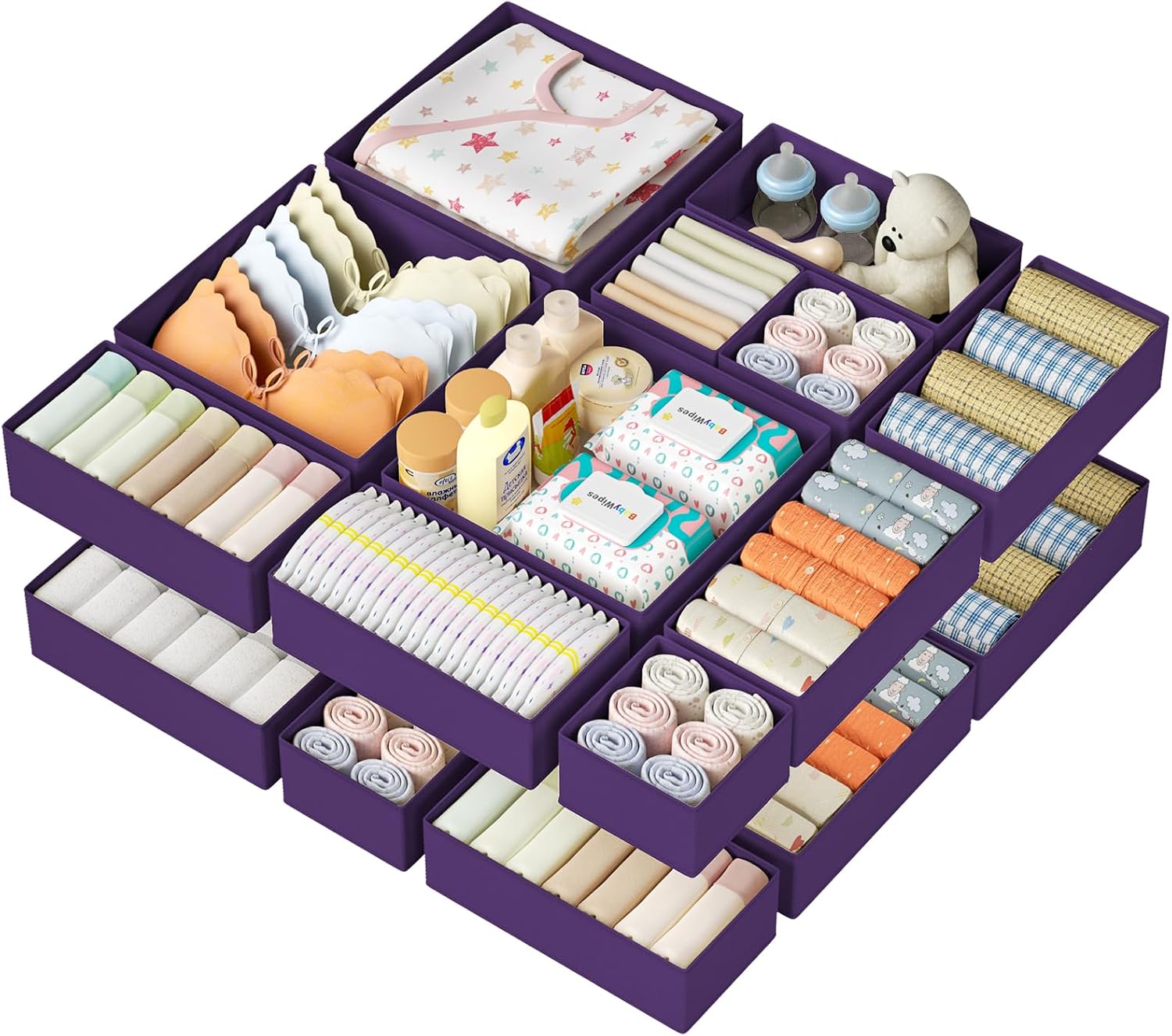 DIMJ Drawer Organizer Clothes 12 Pack – Foldable Baby Organizers and Storage & Dresser Organizer for Bedroom, Closet – Nursery Organization Dresser Dividers for underwear, Sock,Bra, Belt, Tie, Purple