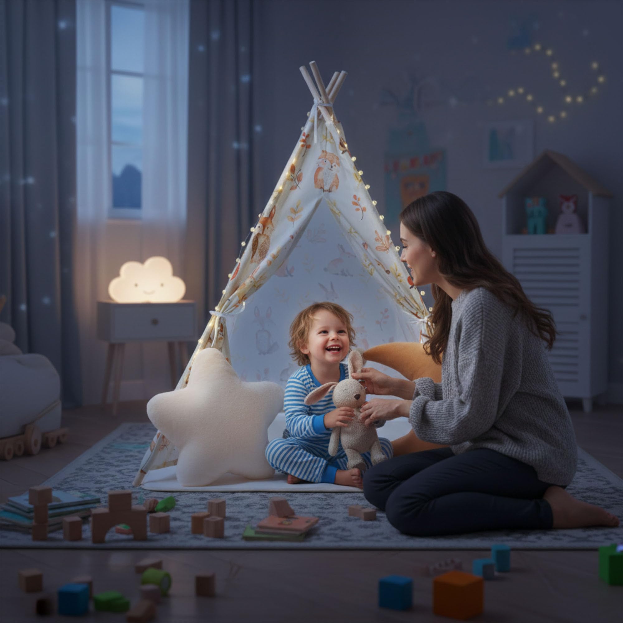 Mamabrum Tente Enfant Intérieur Forêt avec Tapis Rembourré, Coussins Décoratifs et Guirlande LED, Cabane de Jeu Chambre dès 3 Ans