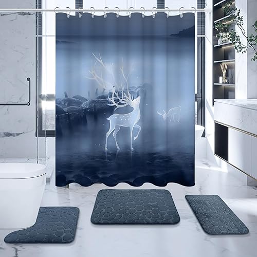 Blue Grey Bathroom Sets with Shower Curtain and Memory Foam Bathroom Rugs and Non Slip U Shaped Toilet Rugs Shower Curtain Set 4 Piece for Perfect
