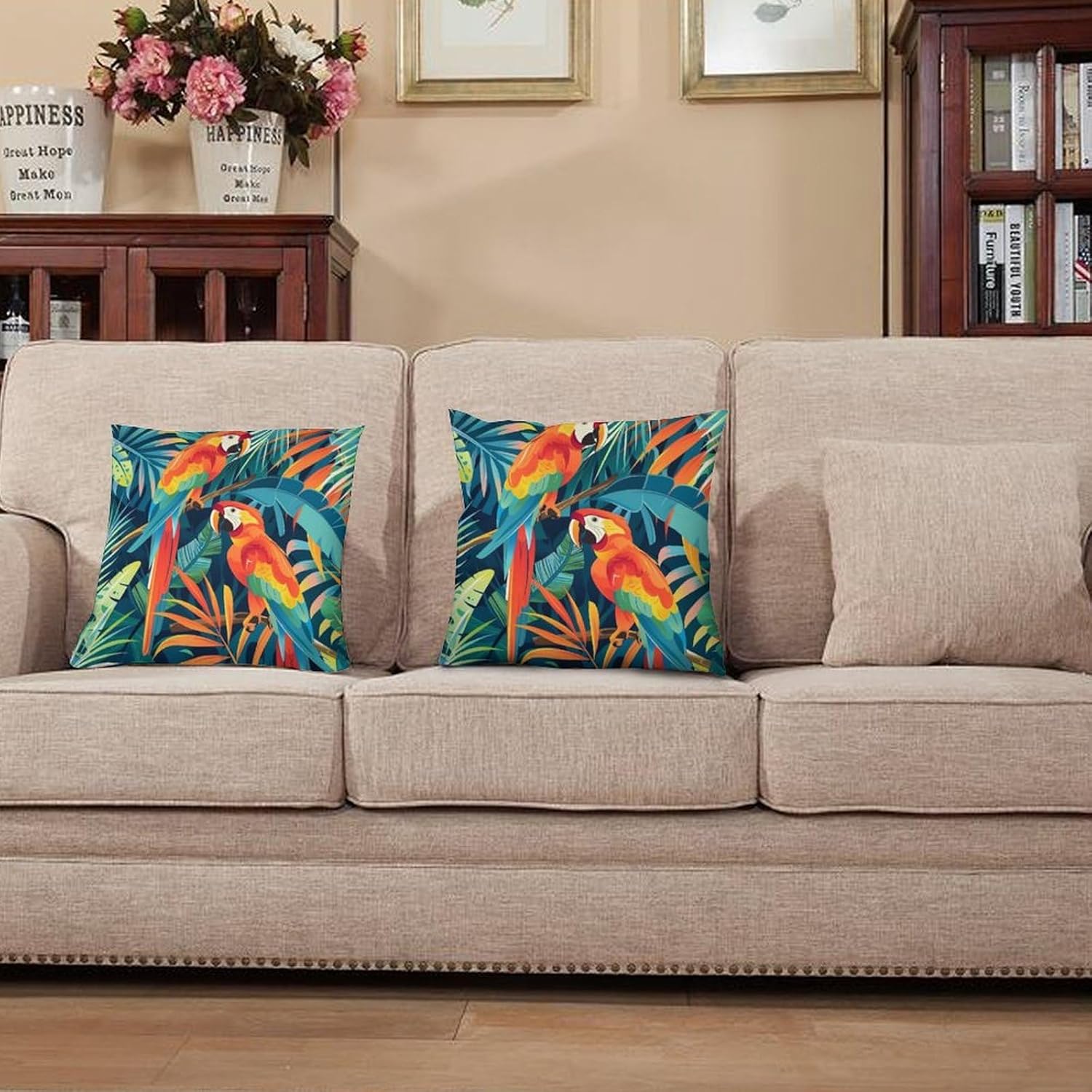 2 Packs Tropical Forest Parrot Throw Pillow Covers for Living Room, Colorful Bird Palm Tree Leaves Pillow Covers Cushion Case for Couch Sofa Bed, 20x20 inch
