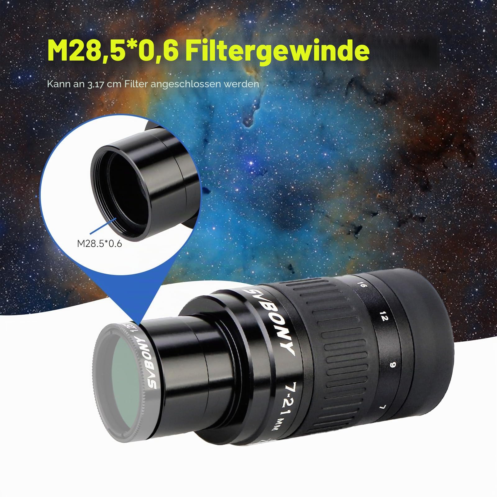 Svbony SV135 Teleskop Okular Zoom 1.25 Zoll 7-21mm FMC Green Film Planetenokular Astronomische Beobachtung
