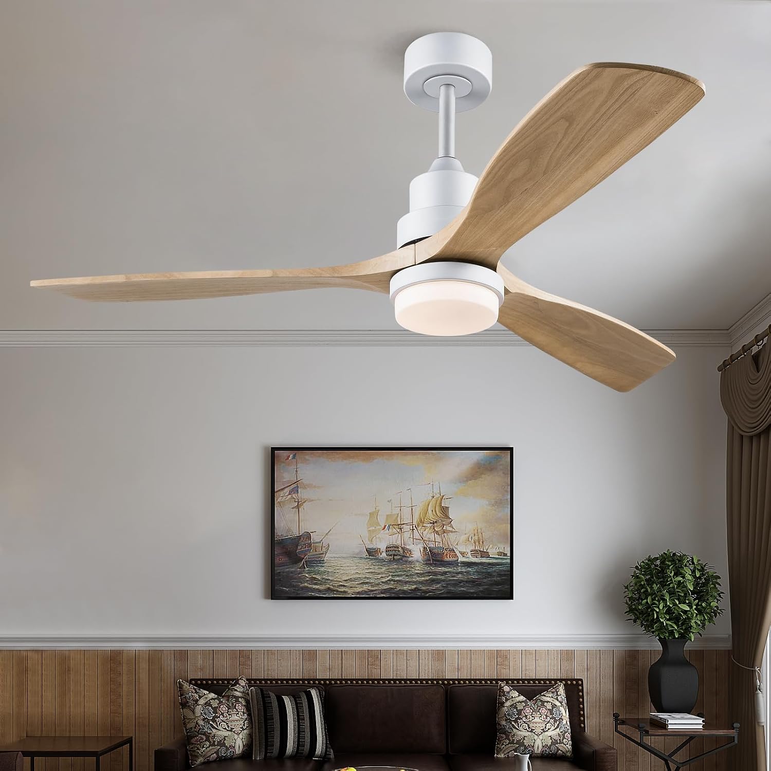 52 Inch Solid Wood Ceiling Fans with Lights, White Modern Ceiling Fan Light with Remote Silent Reversible DC Motor, Dimmable Led Home Decor Fan for Bedroom Living Room Patio