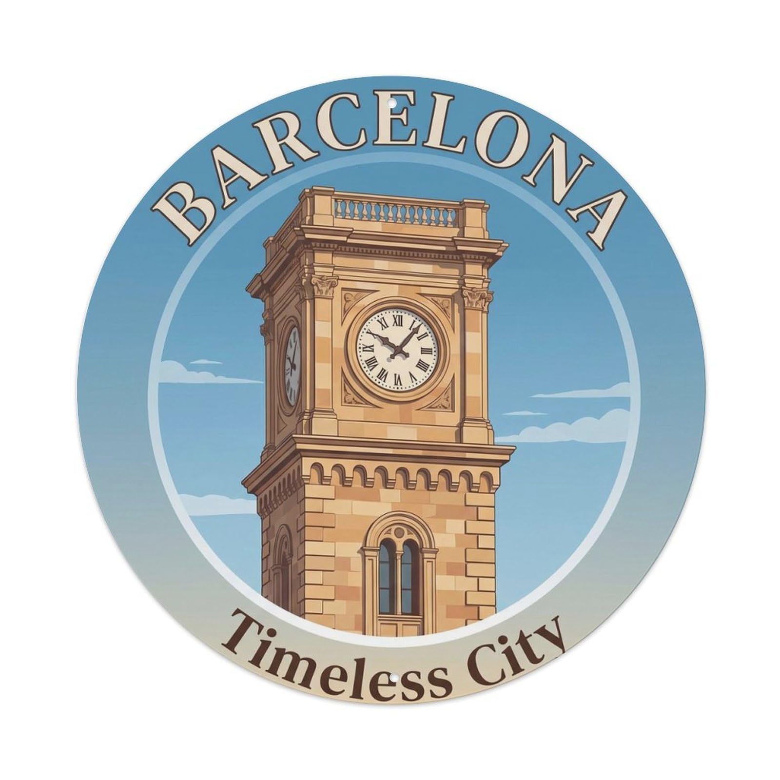 Barcelona Spanish Tower Landmark Destination Scenery Clock Metal Tin Sign Plaque Wall Decor for Cafe, Man Cave, Club Bar, Office, Home Garden Round Metal Poster 8x8Inch