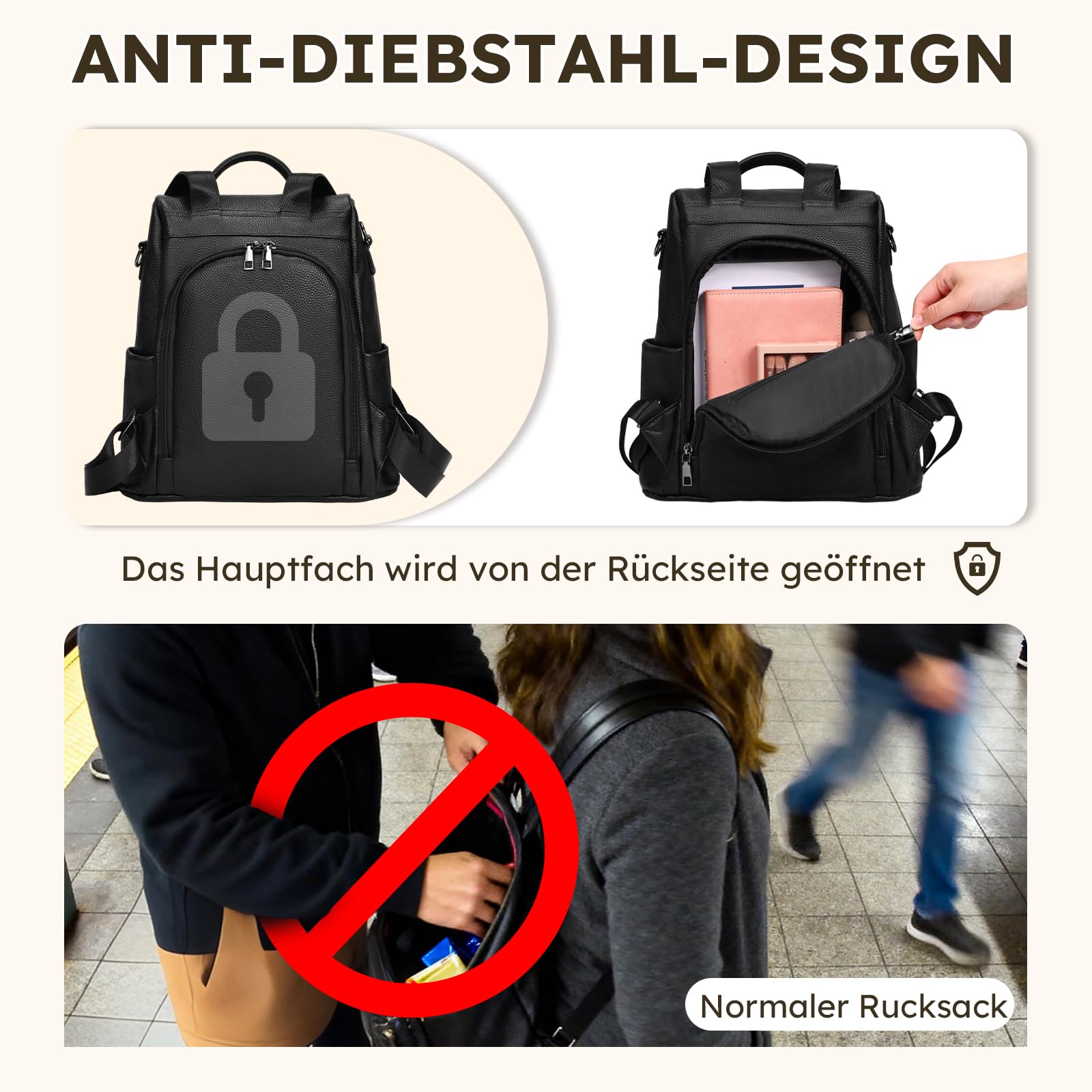 Eshow Rucksack Damen Klein aus Echtleder Diebstahlschutz 3-in-1 Schwarz | Cityrucksack für Freizeit Alltag Pendeln Schule Arbeit Reisen Büro Einkaufen, Wasserabweisend, Elegant, Modern