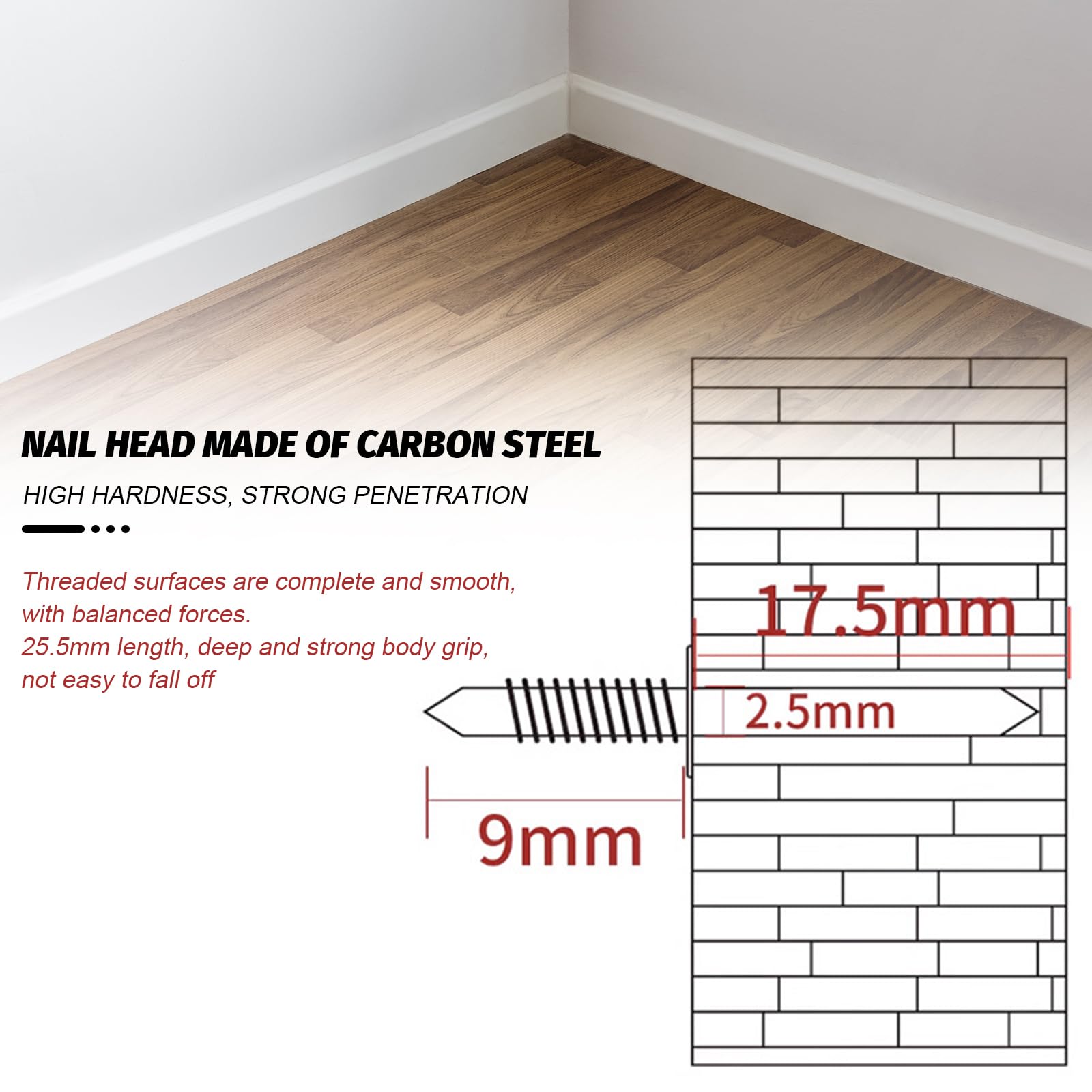 FMNGOP Double-Head Skirting Thread Seamless Nail, Double-Headed Nails, Invisible Screws & Nail-Specific Sleeve Tool, Seamless Skirting Thread Nails with Solid Wood Baseboard, (100PCS)