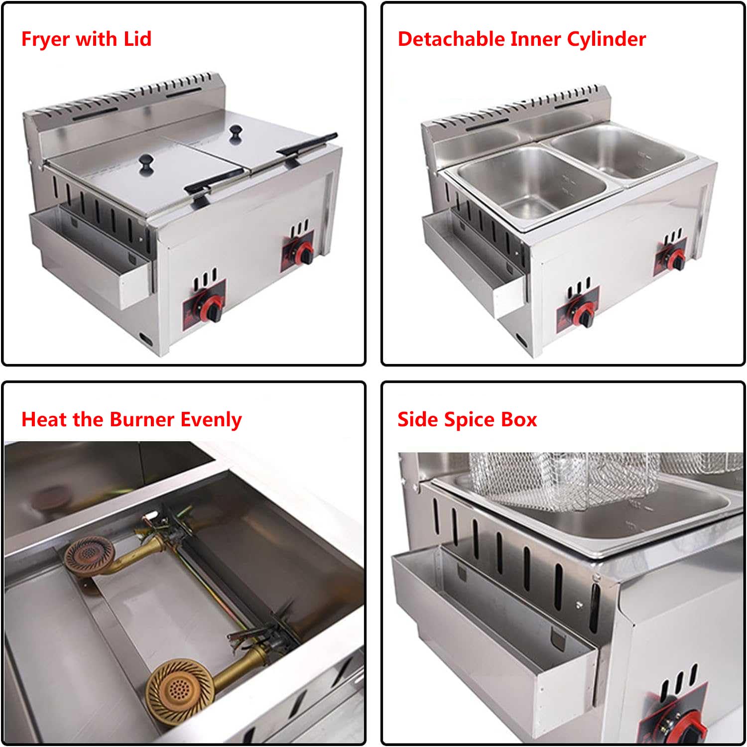 Freidora Industrial de Acero Inoxidable con Potencia Ajustable, Fácil de Limpiar, Incluye Cestas y Tapas para Papas Fritas y Donas