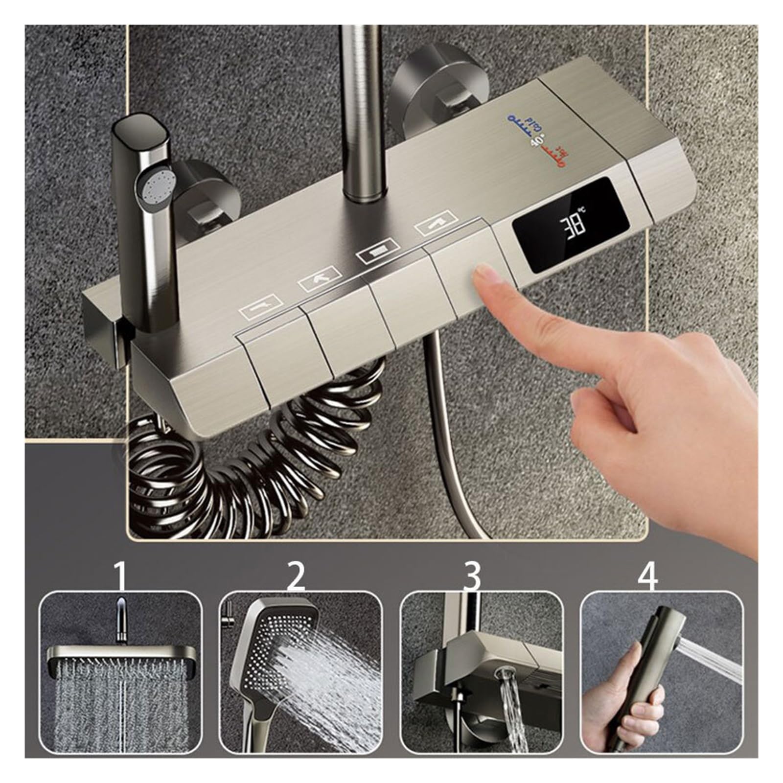 Paneles de Ducha, Juego de ducha con grifo pantalla Digital for baño, juego llave Piano gris, 4 funciones agua caliente y fría for bañera(White 4 Mode LED H C)