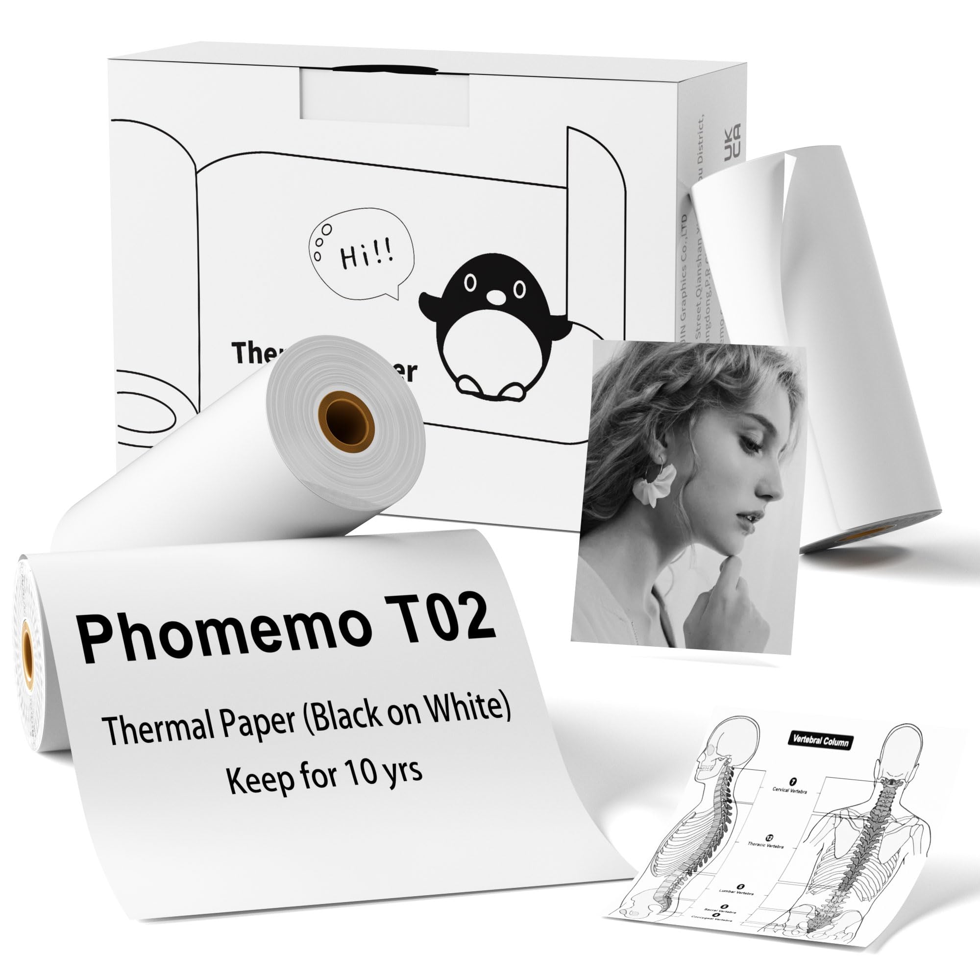 PhomemoT02 Thermal White Paper- Non-Adhesive Paper for T02/M02X/M02L/Q02 Mini Printer,Keep for 10 Years, Black on White Non-Sticky Paper, 53mm x6.5m, 3 Rolls for Journal, Photo,Study Notes,