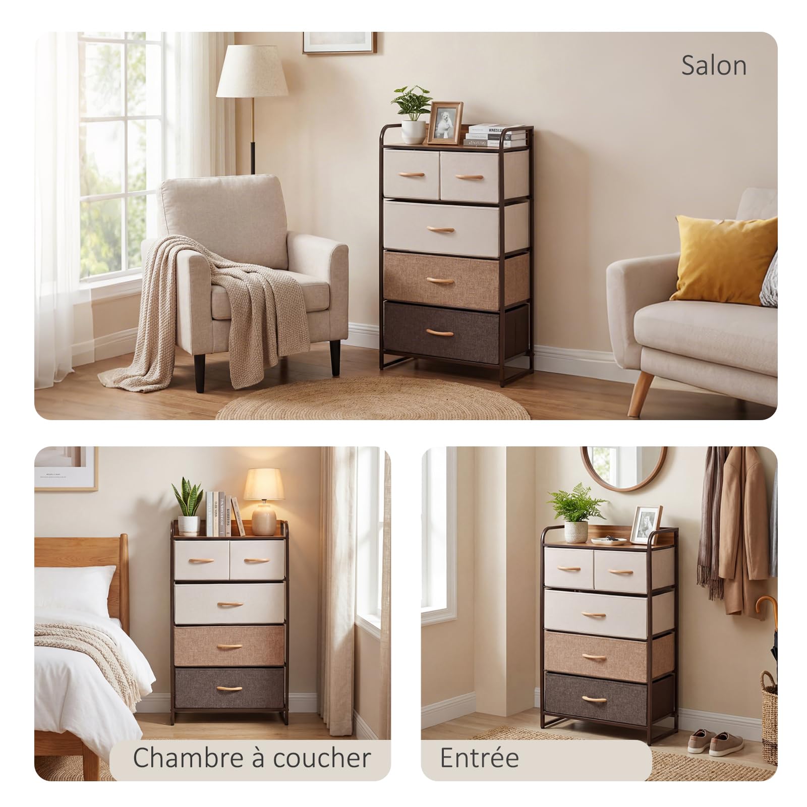 HOMCOM Commode Meuble de Rangement 5 tiroirs Pliables en Tissu 58 x 29 x 99 cm Multicolore