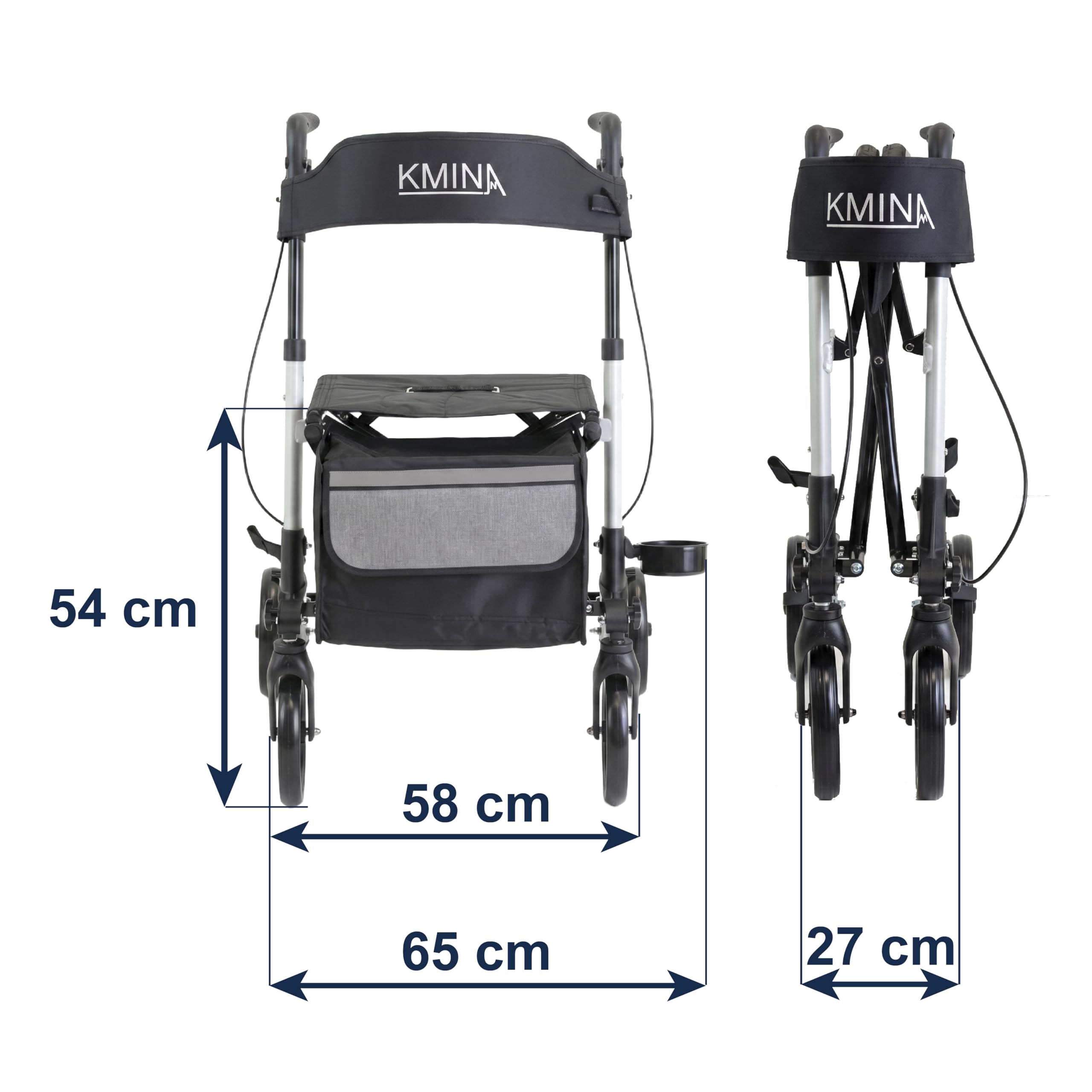 KMINA Deambulatore Pieghevole con Sedile per Adulti, Pieghevole Verticale, Altezza Regolabile, Freno a Levetta, Borsa e Porta Bastone, Bianco