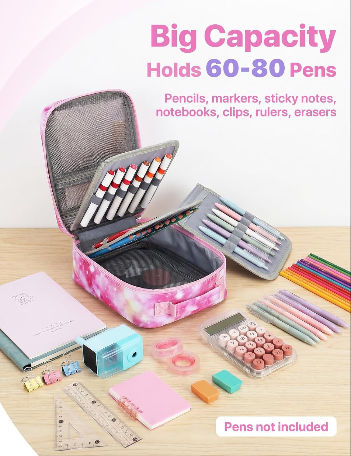Kasqo Large Pencil Case, Marker Pencils Pouch Bag Holder Polyester Stationery Storage Multiple Compartment Top Handle for Middle High School Office College Student Girl Women Adult Teens,Pink Galaxy