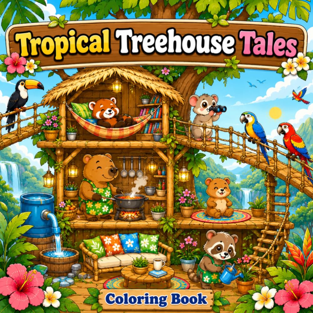 Tropical Treehouse Tales Coloring Book: A Cozy Island Adventure Filled with Magical Treehouses, Adorable Animal Friends, Jungle Hideaways, Tropical Gardens, and Relaxing Rainforest Escapes
