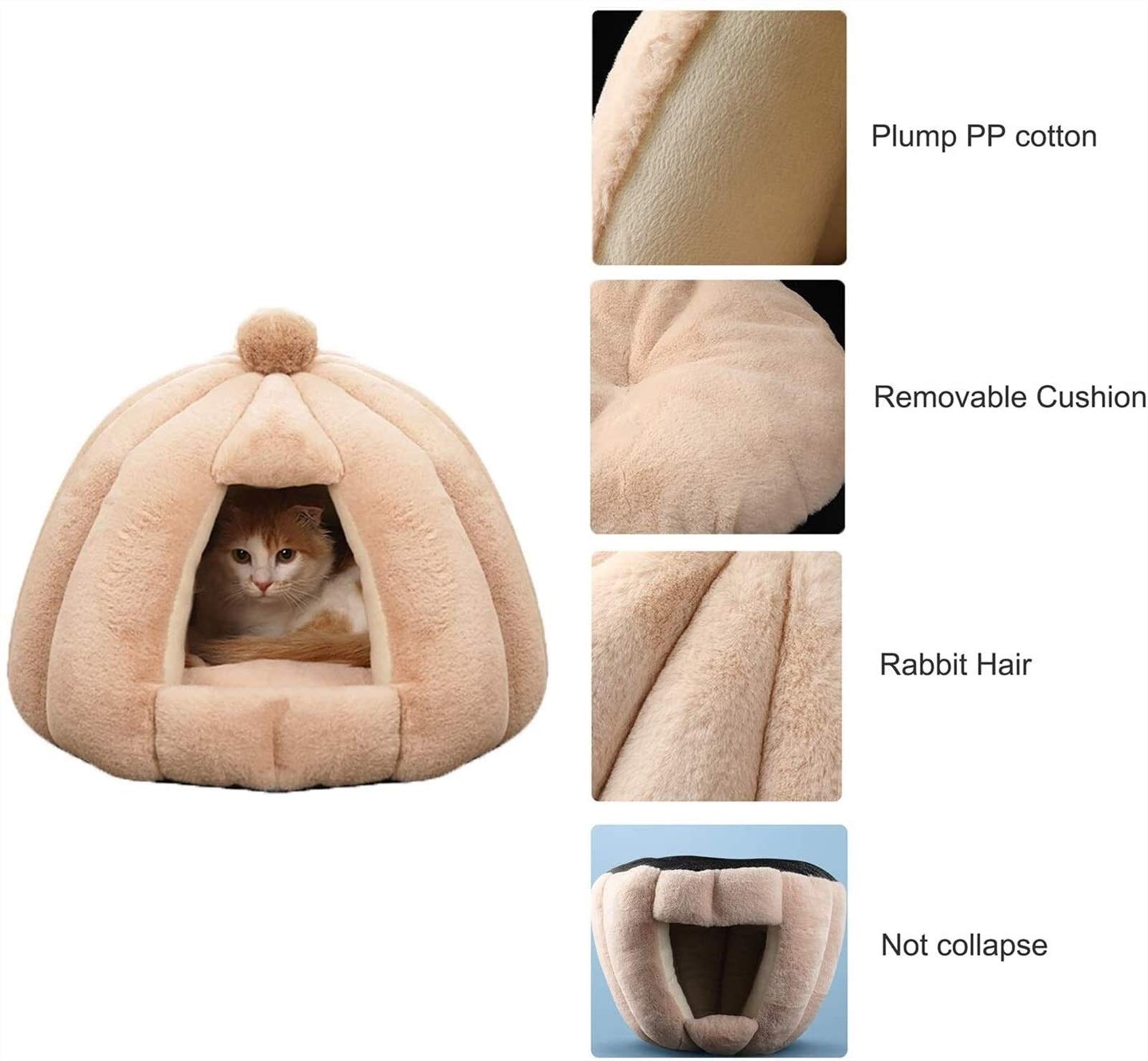 Bedsure Camel kattenhuisje, opvouwbaar, met wasbaar kussen, kattentent, geschikt voor middelgrote huisdieren, zacht en warm huis voor binnen, 44 x 44 x 44 cm