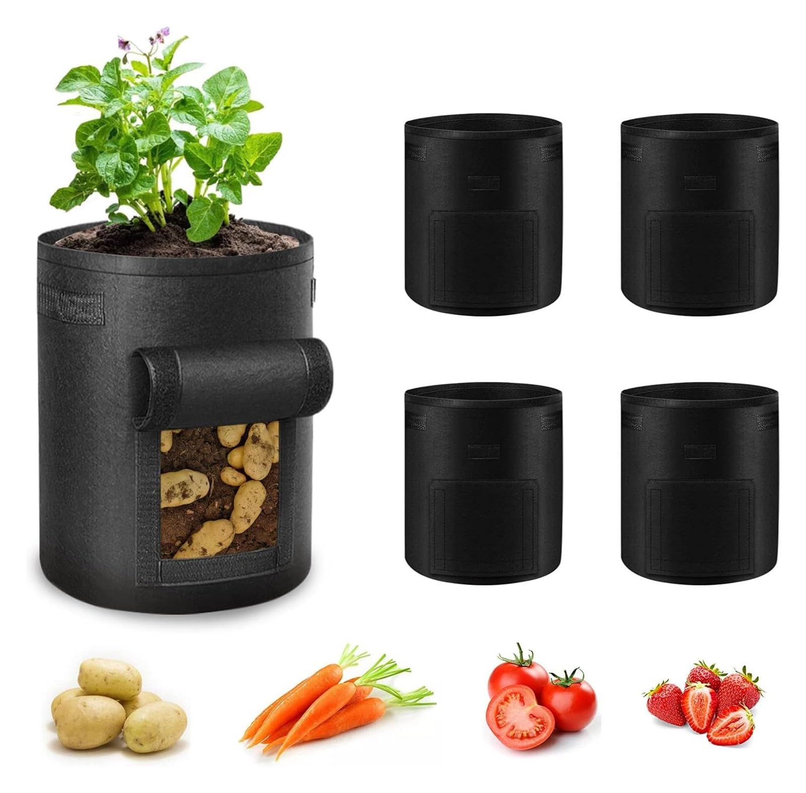 Kartoffelanbau-Säcke, Kartoffel- und Gemüseanbau- Pflanztaschen mit Griffen, Fensterklappe for den Garten – Schwarz, Grün, 5–10 Gallonen(Black,7 Gallon)