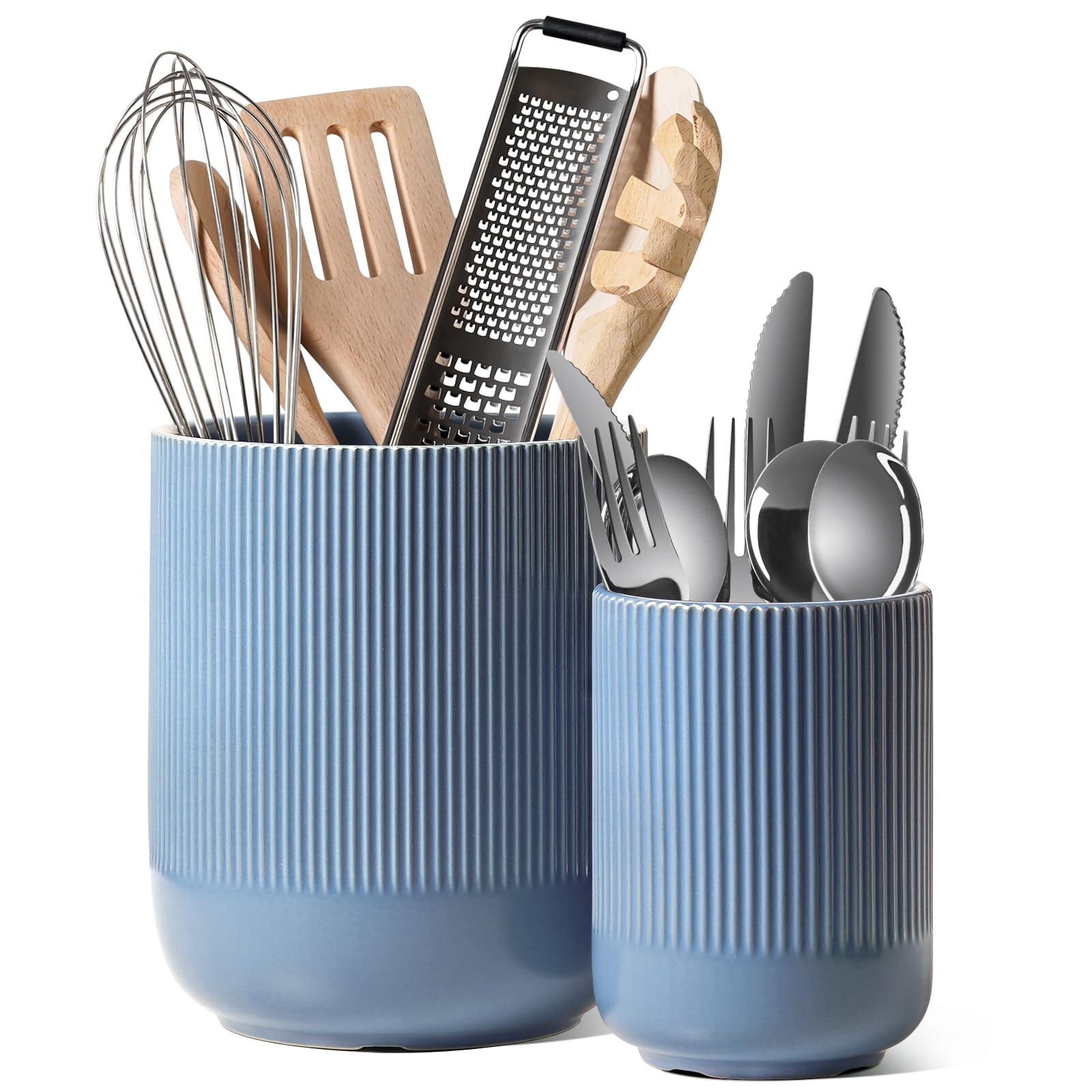LE TAUCI Lot de 2 porte-ustensiles de cuisine en céramique de 18,5 cm + 13,7 cm pour comptoir, grands pots à ustensiles de cuisine pour comptoir de cuisine, organiseur moderne pour spatule, bleu