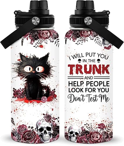 Botella de agua aislada de Halloween de 32 onzas, botella de agua de gato loco, taza de terror, taza aislada gótica gótica, regalo de Halloween para