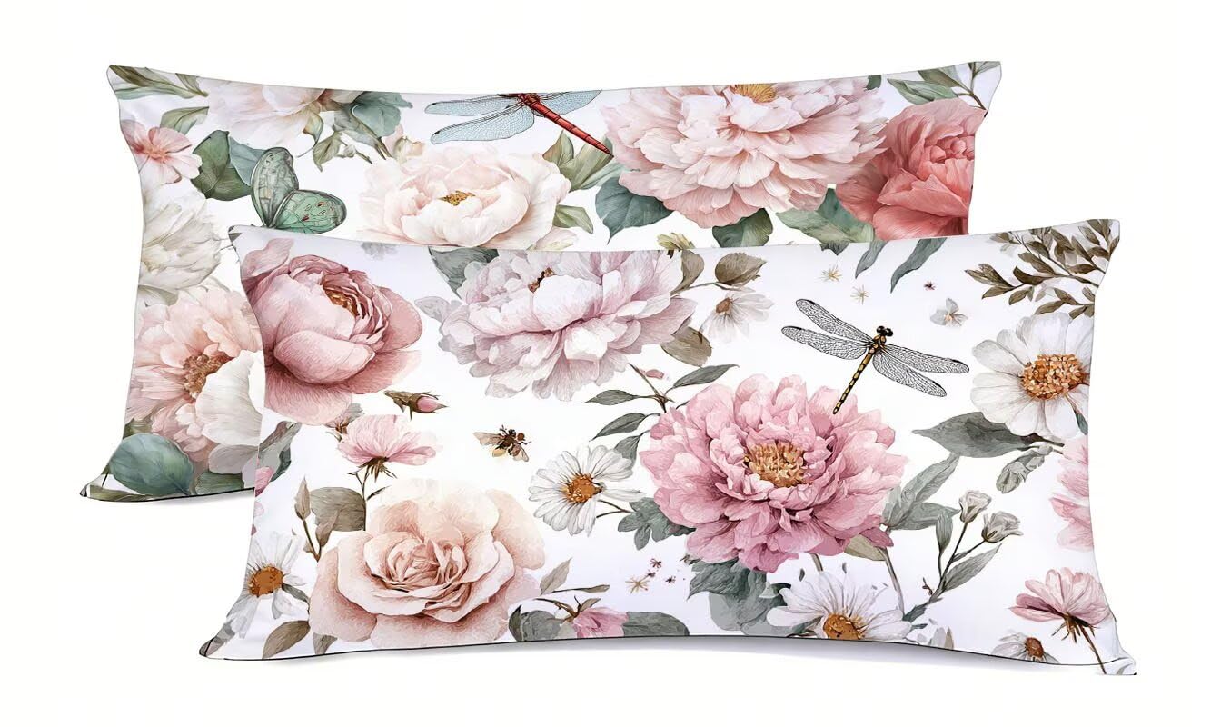 Taie d'oreiller 40x70cm lot de 2 en lin à motif libellule et fleurs pour la maison