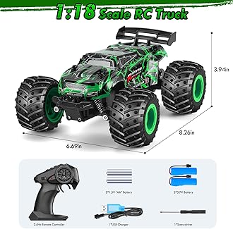 Remote Control Car, 1:18 Rc Cars, All-Terrain RC Truck with LED Light, 20KM/H, Rechargeable, 2WD, 2.4GHz, Sturdy PVC Shell, Remote Control Truck for Boys 4-7 8-12, Beginner (Green)