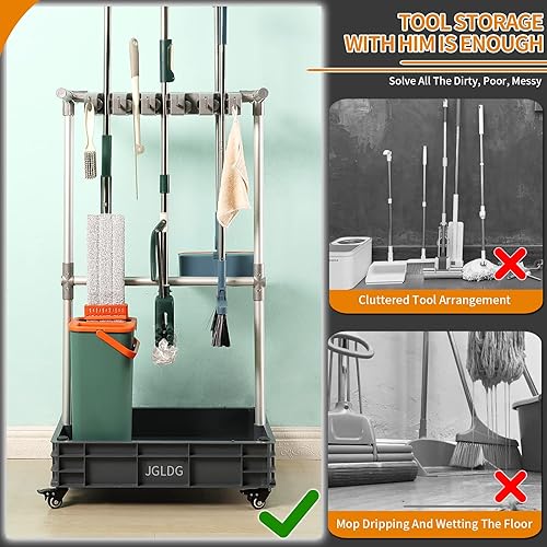 Miniatura 2 de Soporte de escoba para fregona, organizador de suministros de limpieza, carritos de limpieza con ruedas, estación de limpieza, herramientas de
