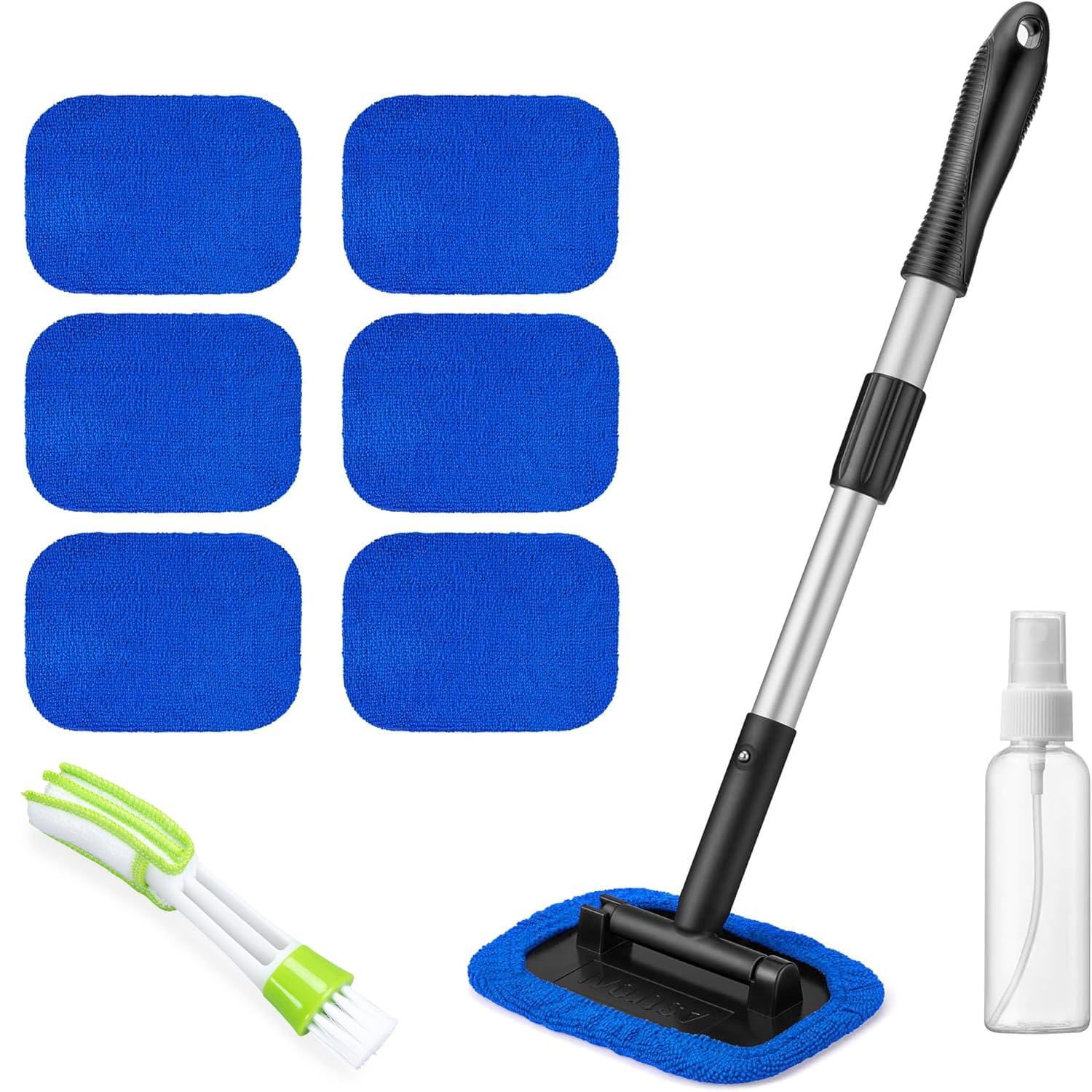 Bafiwu Auto Scheibenreiniger mit 6 Mikrofaserpad und Sprühflaschen, Windschutzscheiben Reiniger mit Ausziehbarer Griff, Auto Fensterwischer Kit (Rechteck, Blau)