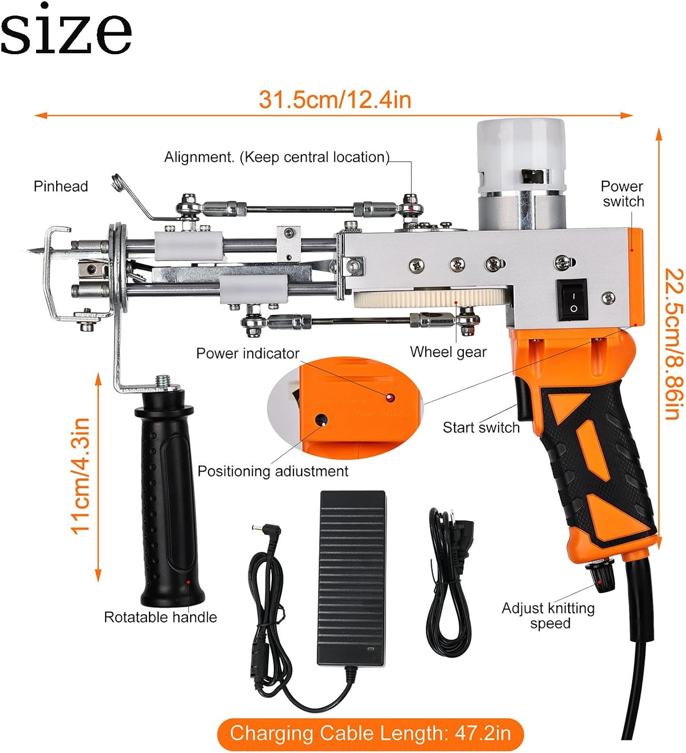 Orange & Silver Electric Rug Tufting Gun Kit - 2-in-1 Cut & Loop Pile Adjustable Height Carpet Tufting Tool for DIY Custom Rugs & Embroidery Projects