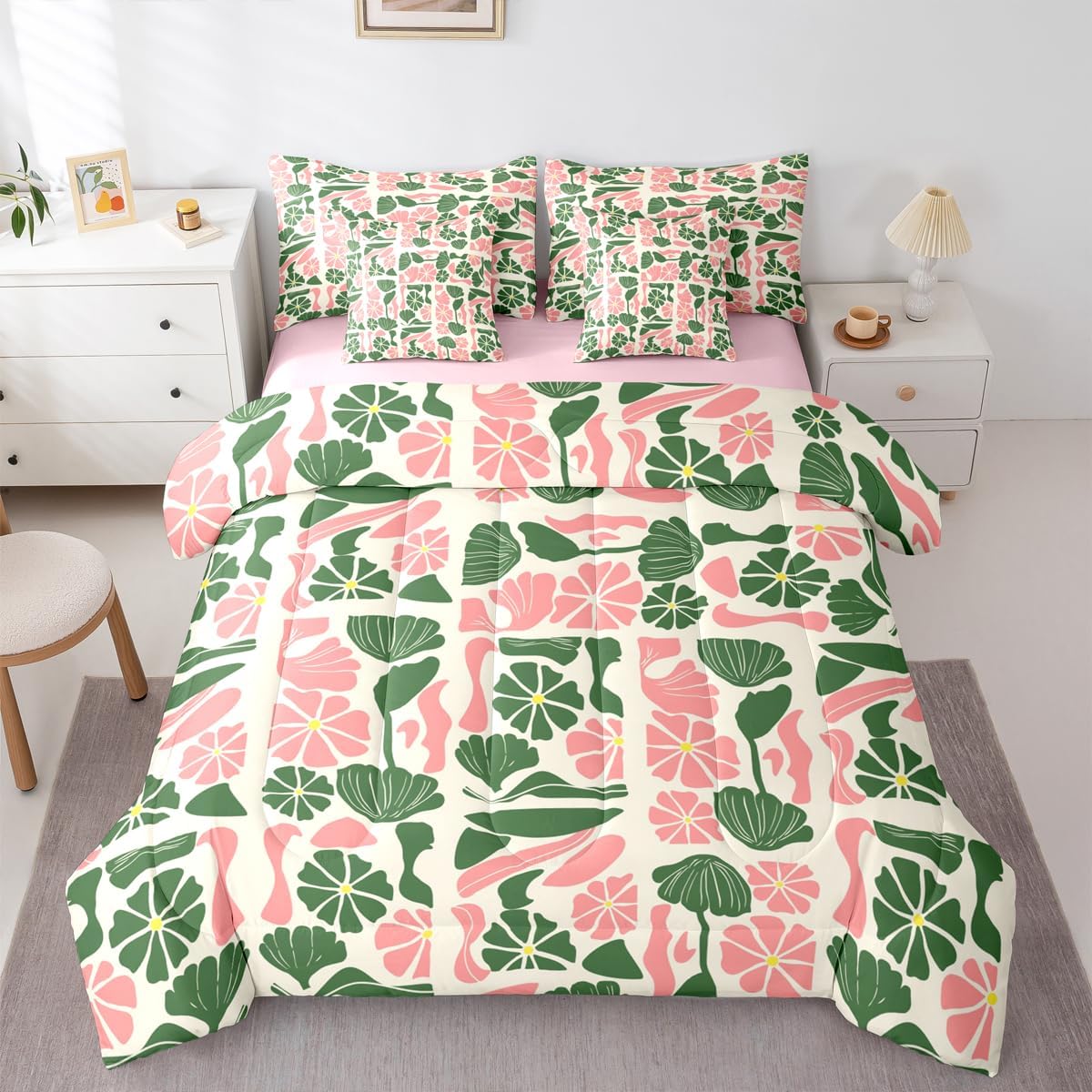 Erosebridal Mid Century Boho 7 Pcs Bedding Set Cute Green Pink Floral Plant Patchwork Queen Comforter Set with Sheets Modern Abstract Geometric Bed in A Bag Vintage Aesthetic Sheet Set with Comforter