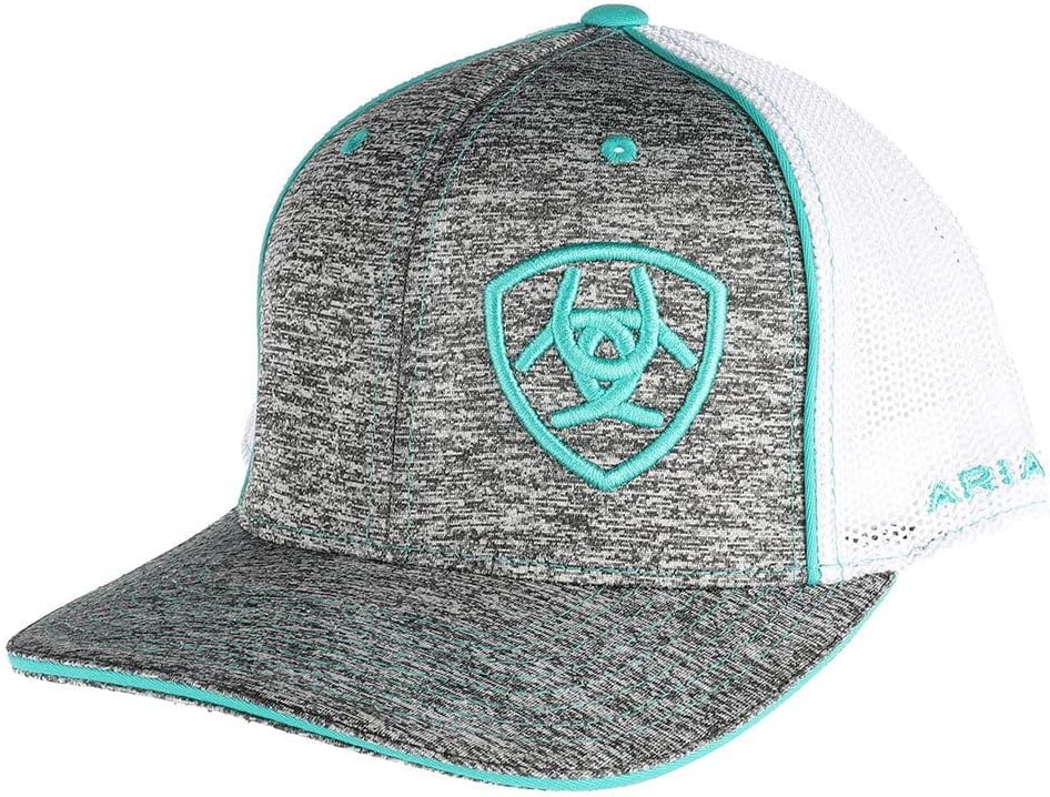 ARIAT Men's Cap, Heather Grey, Turquoise Logo, White Mesh, Flex Fit 110, Adjustable Snapback