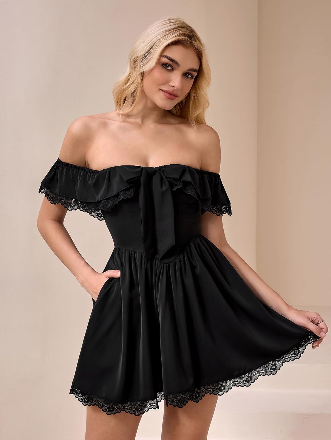 EYNMIN Women's Off The Shoulder Mini Dress Lace Bow Tie Flowy A Line Cute Casual Short Dresses with Pocket - Image 2