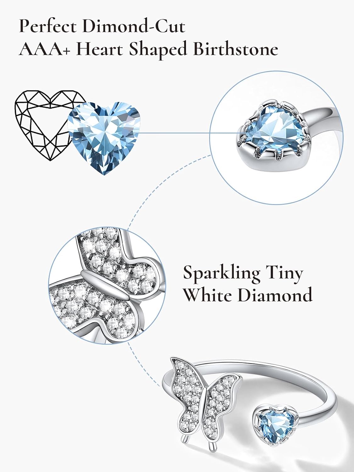SILVERCUTE Butterfly Rings for Women - 925 Sterling Silver Birthstone Ring Women Jan-Dec Adjustable Ring with Cubic Zirconia Cute Butterfly Jewelry