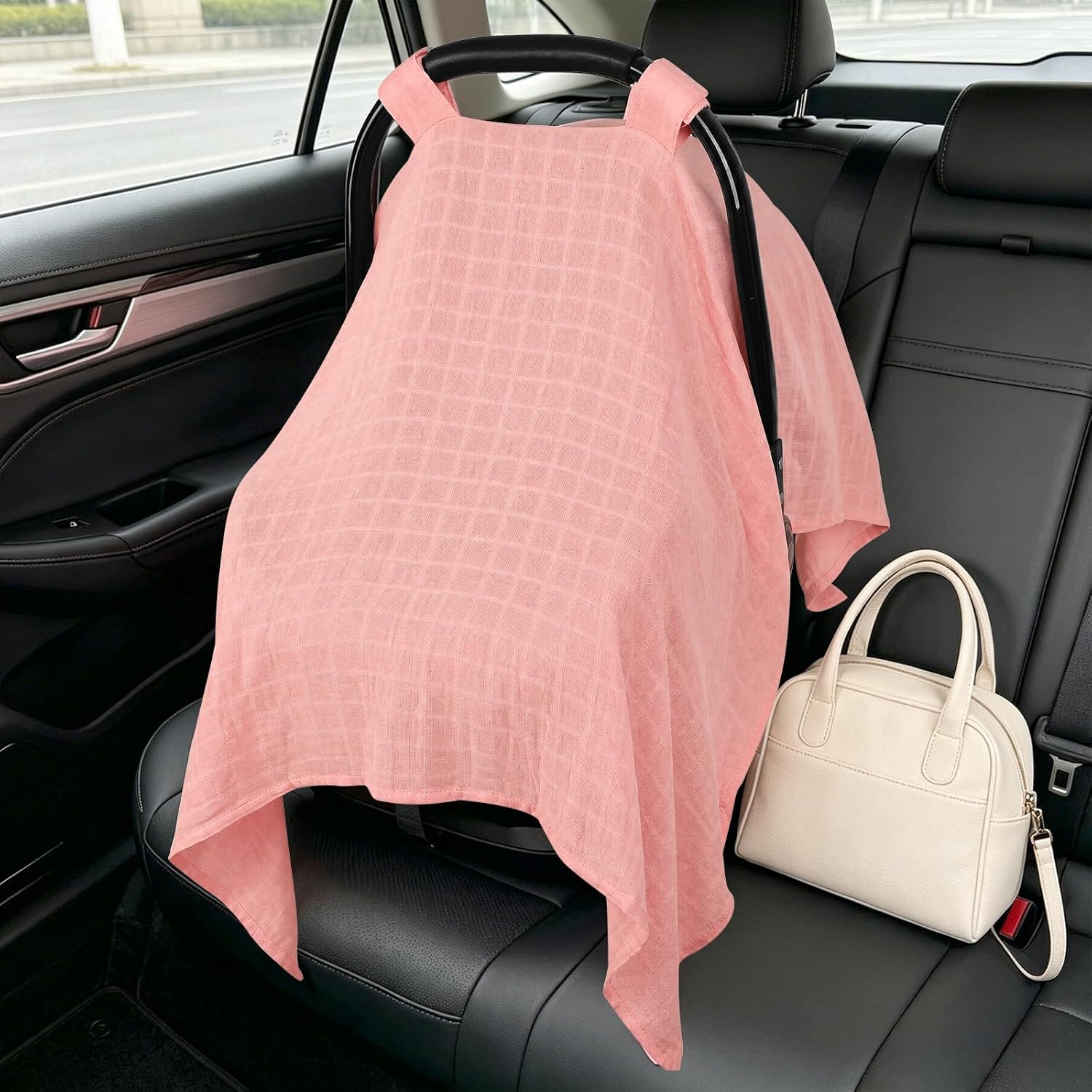 Muslin Car Seat Cover Baby, Ultra Breathable Baby Carseat Cover for Girls Boys, Lightweight Infant Car Seat Cover, Universal Stroller Cover for Sunshade, Babies Essentials for Outdoor in Summer, Pink