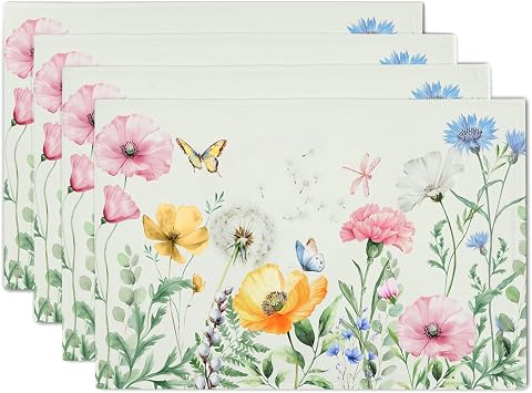 Spring Flowers Placemats Set of 4 Farmhouse Table Decor Watercolor Green and Blue Place Mats 12 x 18 Inch Waterproof Butterfly Flowers Heat Resistant Linen Seasonal Table Mats for Home Kitchen Dining