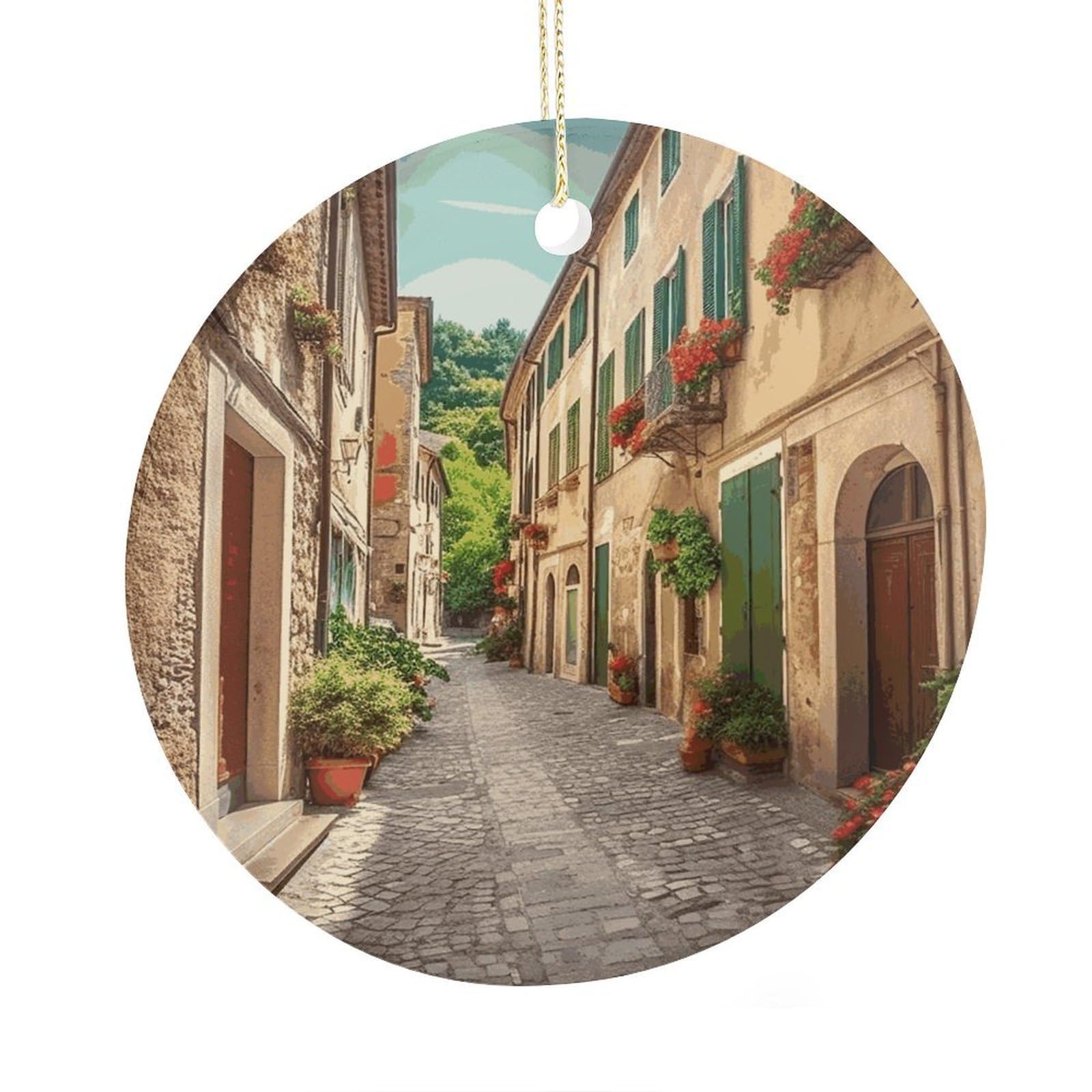 Fekiloot Style Italy Street Christmas Ornaments 2.9 Inch Round Ceramic Ornament Keepsake Thank You Gifts For Office, Room, Home - Holiday Present Ideas