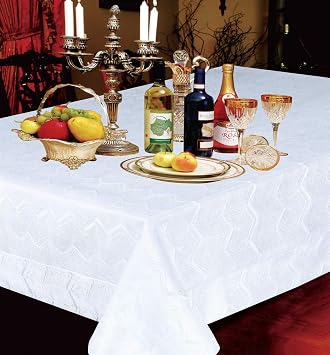 Violet Linen Princess Zig Zag Vertical Stripes Chevron Pattern, Polyester Jacquard, with Metallic Thread, White, 70 Inch x 160 Inch, Seats 14 to 16 People, Rectangular Tablecloths