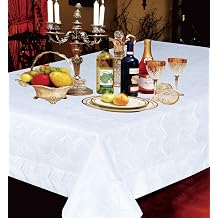 Violet Linen Princess Zig Zag Vertical Stripes Chevron Pattern, Polyester Jacquard, with Metallic Thread, White, 70 Inch x 132 Inch, Seats 10 to 12 People, Rectangular Tablecloths