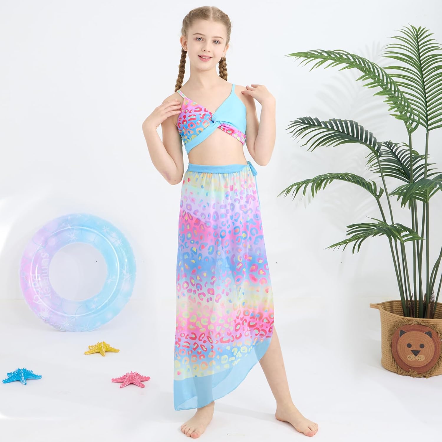 Teen Girls Swimsuit 3 Pieces Bikini Set Bathing Suit Twist Cross Tropical Floral Kids Swimwear with Cover Up 9-16T - Image 4