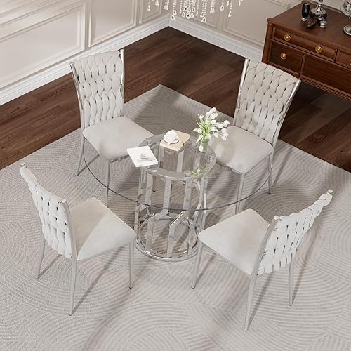 Miniatura 9 de Mesa de comedor redonda de vidrio de 47 pulgadas para 4-6: mesa de cocina de vidrio circular con patas de acero, mesa de comedor moderna para cena,