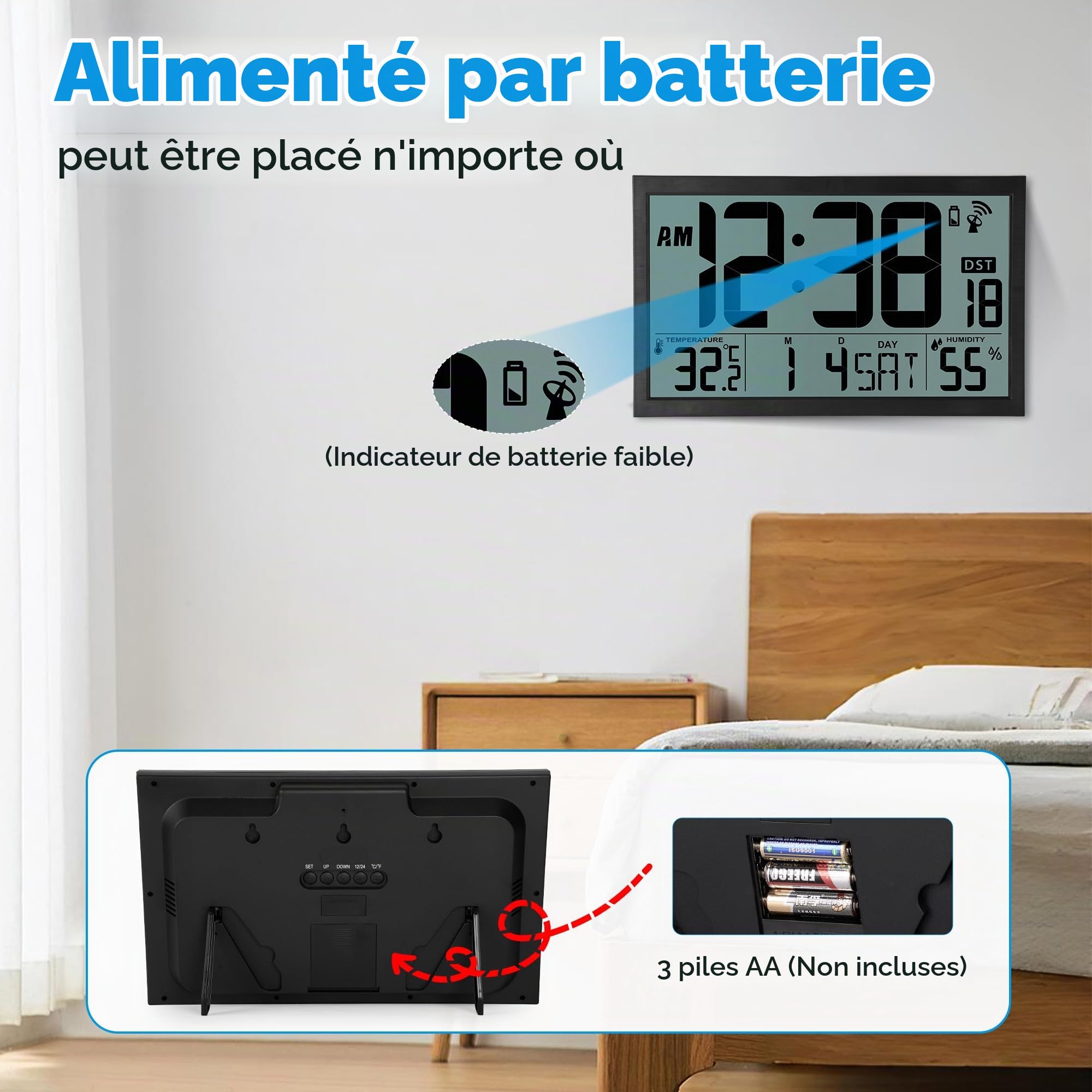 Sukeen Radio-réveil Mural, Horloge Murale numérique Grande Radio, Horloge numérique 16,7" fonctionnant sur Batterie, Radio-réveil avec température, humidité, pour la Maison, la Cuisine, Le Bureau