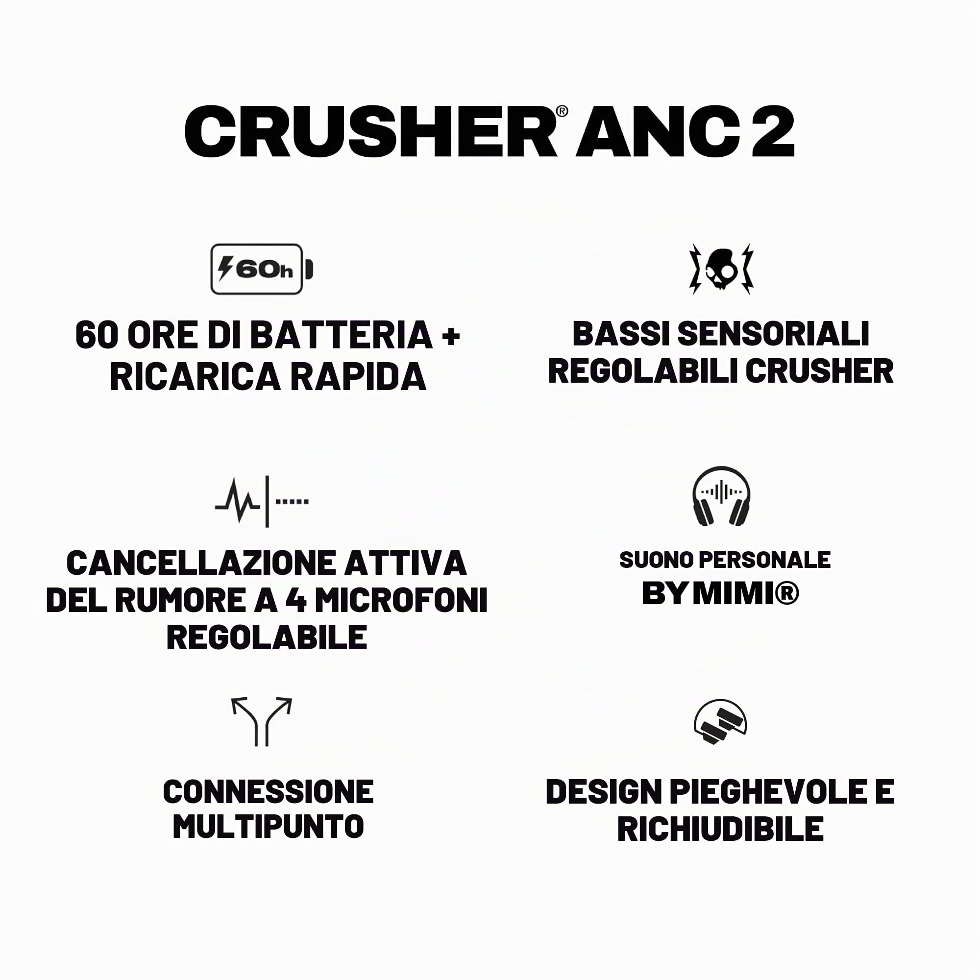 Skullcandy Crusher ANC 2 Cuffie wireless over-ear con cancellazione del rumore con bassi sensoriali, batteria da 50 ore, Skull-iQ, abilitato Alexa, microfono, funziona con dispositivi Bluetooth,