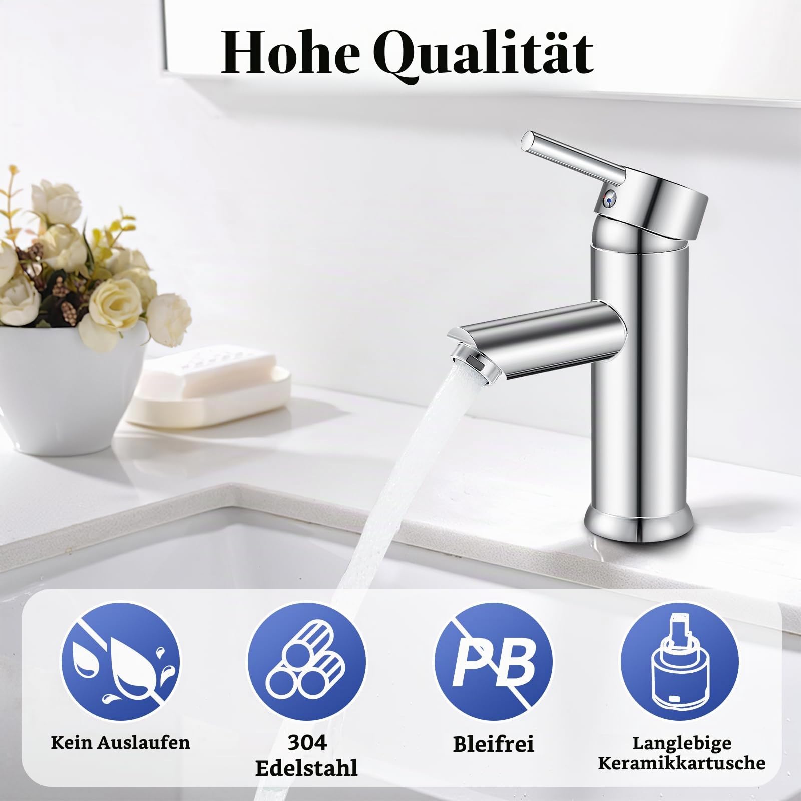 kisimixer Waschtischarmatur mit Zugstangen-Ablaufgarnitur Schlitz, Einhebelmischer Heiß und Kalt Edelstahl Waschbecken Armaturen mit G1/2 Schläuchen, Chrom